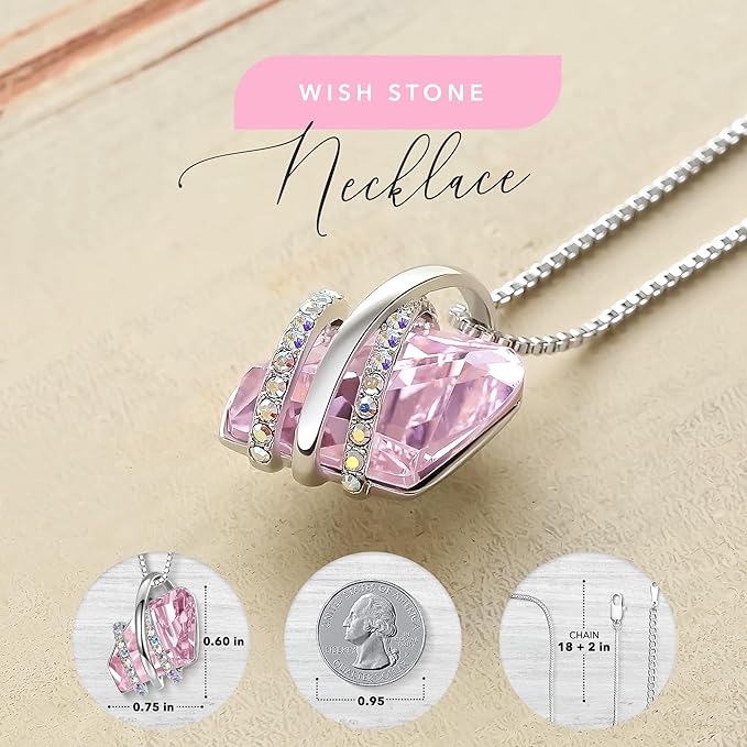 Wish Stone Pendant Necklace, Necklaces for Women with Birthstone Crystals, Allergy-Free Jewelry for Women with Gift Box, 24K Rose Gold Plated or Silver-tone Birthstone Necklace for Women-10-October Birthstone-Light Rosaline Pink - Image 4