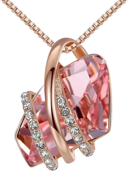 Wish Stone Pendant Necklace, Necklaces for Women with Birthstone Crystals, Allergy-Free Jewelry for Women with Gift Box, 25K Rose Gold Plated or Silver-tone Birthstone Necklace for Women-10-October Birthstone-Vintage Pink