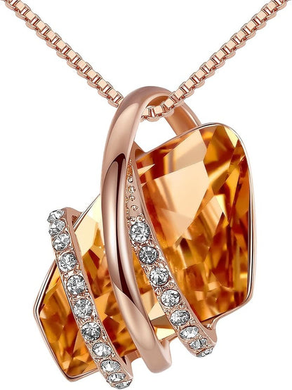Wish Stone Pendant Necklace, Necklaces for Women with Birthstone Crystals, Allergy-Free Jewelry for Women with Gift Box, 26K Rose Gold Plated or Silver-tone Birthstone Necklace for Women-11-November Birthstone-Amber Brown