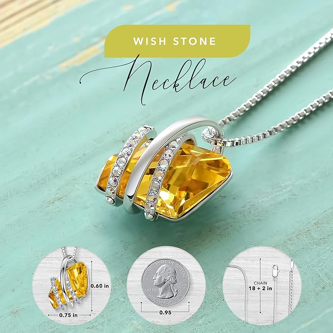 Wish Stone Pendant Necklace, Necklaces for Women with Birthstone Crystals, Allergy-Free Jewelry for Women with Gift Box, 27K Rose Gold Plated or Silver-tone Birthstone Necklace for Women-11-November Birthstone-Citrine Yellow - Image 4