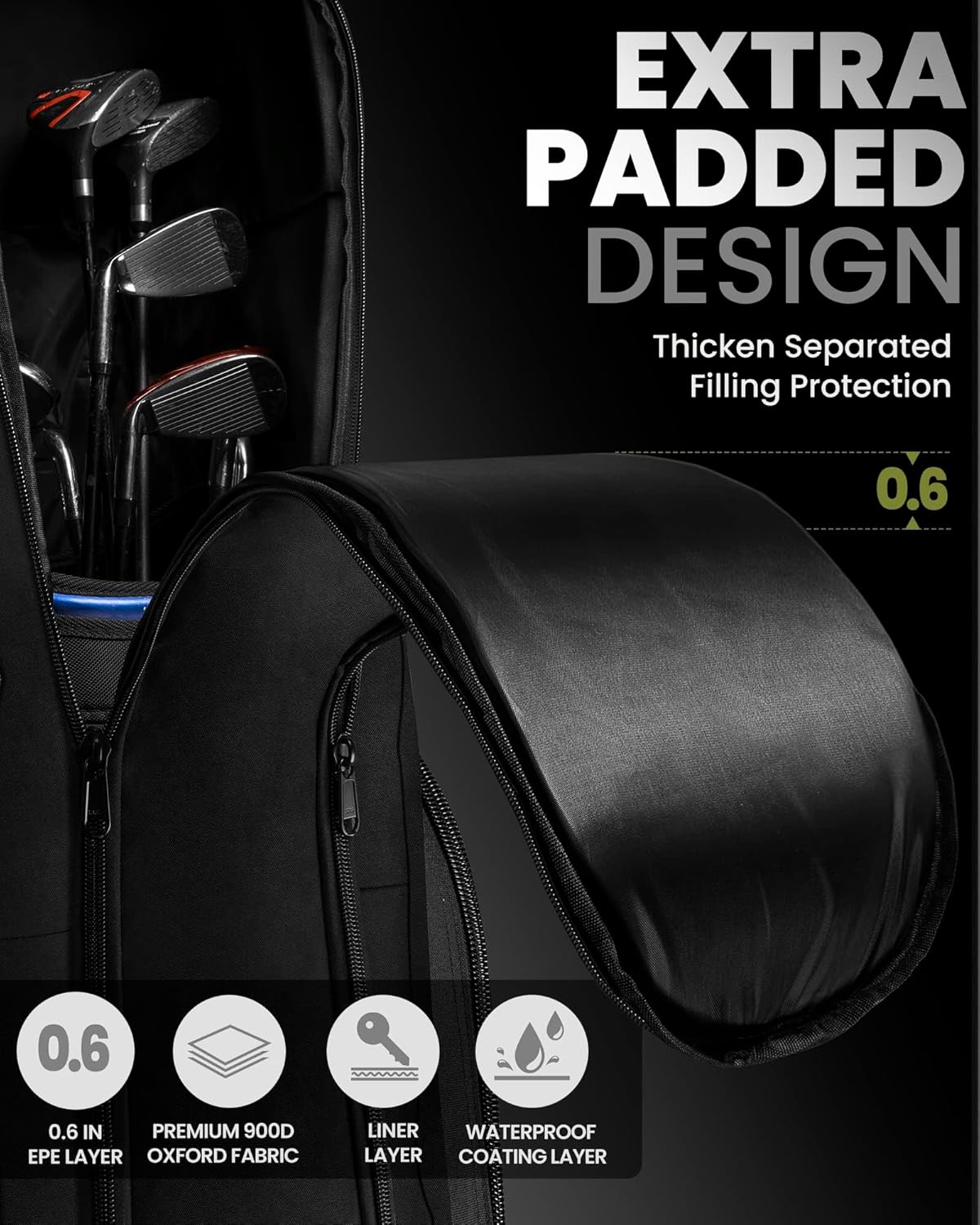 OutdoorMaster Padded Golf Club Travel Bag with Wheels, 900D Heavy Duty Oxford Waterproof -Alligators-Black - Image 2