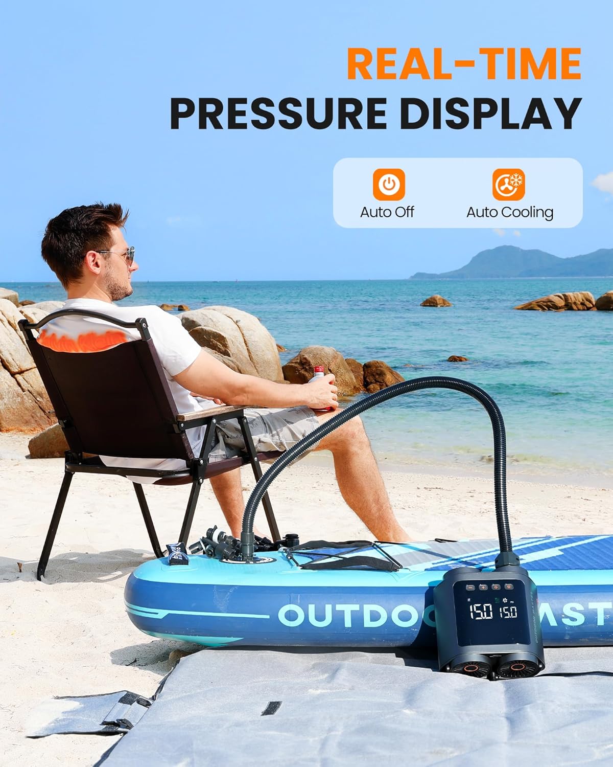 OutdoorMaster Vortex Paddle Board Pump Electric Portable, Max 20PSI SUP Air Pump Inflator & Deflator, 12V/15.8V DC Input, Auto Off & Cooling, 8 Nozzles Pump for Paddle Board, Inflatables - No Battery - Image 4