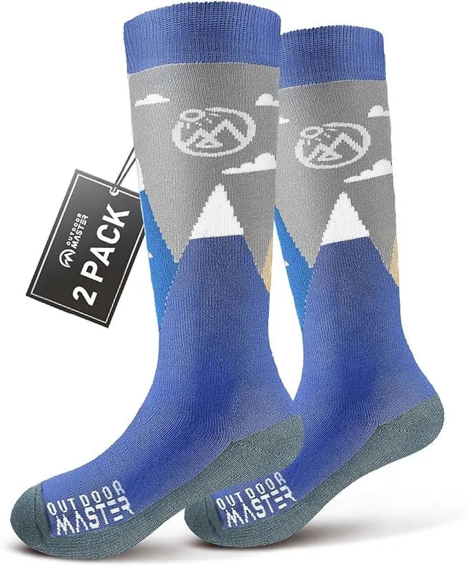 OutdoorMaster Merino Wool Ski Socks for Kids Boys & Girls Thermal Winter Warm Snowboarding Cold Weather-Blue Mountains - 2 Pack,Small