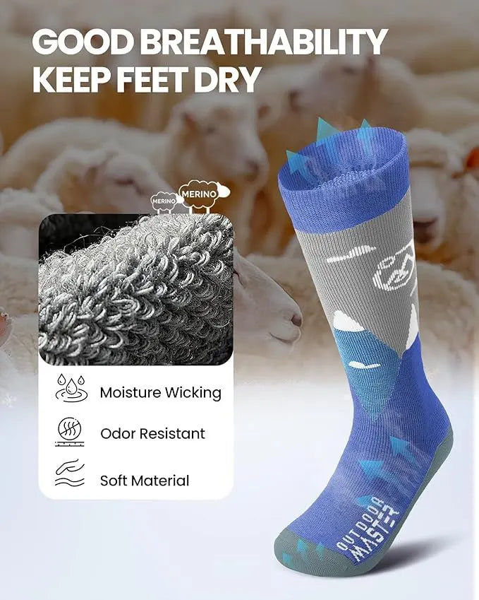OutdoorMaster Merino Wool Ski Socks for Kids Boys & Girls Thermal Winter Warm Snowboarding Cold Weather-Blue Mountains - 2 Pack,Small - Image 8