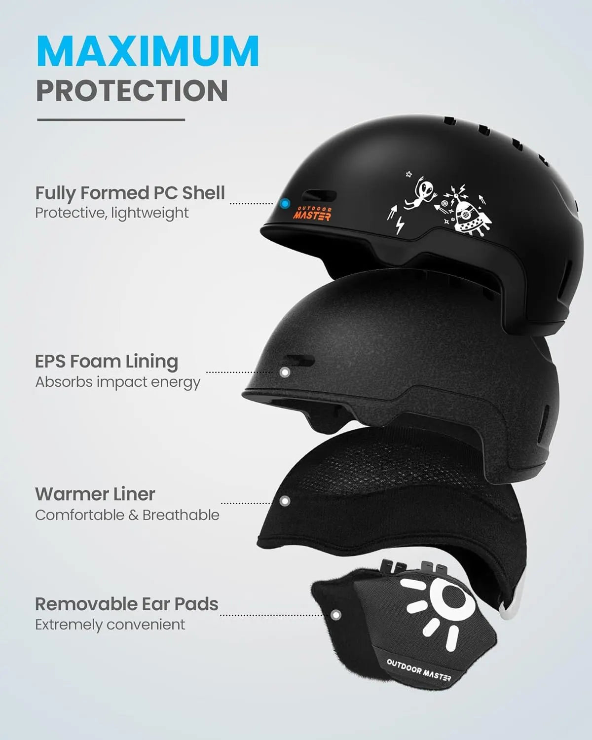 OutdoorMaster Children's Ski Helmet, Snowboard Helmet for Boys & Girls, Robust PC Shell & EPS Foam, 12 Ventilation Holes, Adjustable Snow Sports Helmet, Certified Snow Sports and Snowboard Matte Black,48-52cm X-Small - Image 2