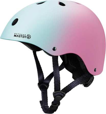 Outdoor Master Youth & Kids Bike Helmet - Adjustable Multi-Sports Skateboard Helmet with Removable Liners for Balance Bike, Toddler Scooter, One Wheel Hoverboard-Blue pink gradient-Small