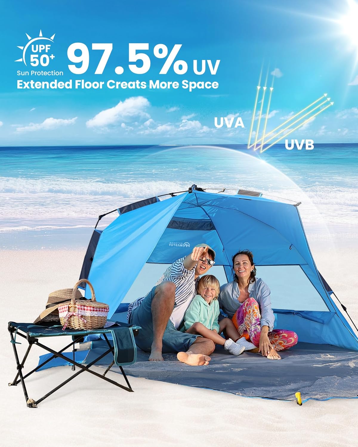 OutdoorMaster Pop Up 3-4 Person Beach Tent X-Large - Easy Setup, Portable Beach Shade Canopy Folding Sun Shelter with UPF 50+ UV Protection Removable Skylight Family Size (Blue) - Image 2