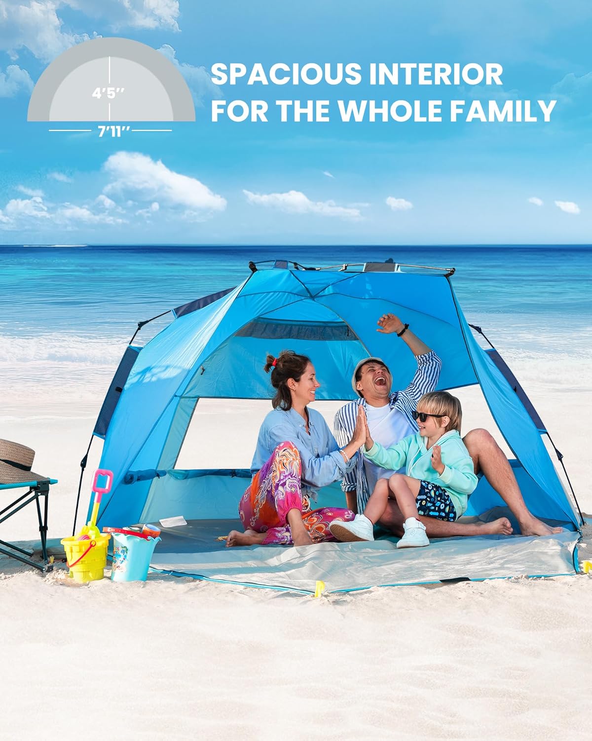 OutdoorMaster Pop Up 3-4 Person Beach Tent X-Large - Easy Setup, Portable Beach Shade Canopy Folding Sun Shelter with UPF 50+ UV Protection Removable Skylight Family Size (Blue) - Image 3