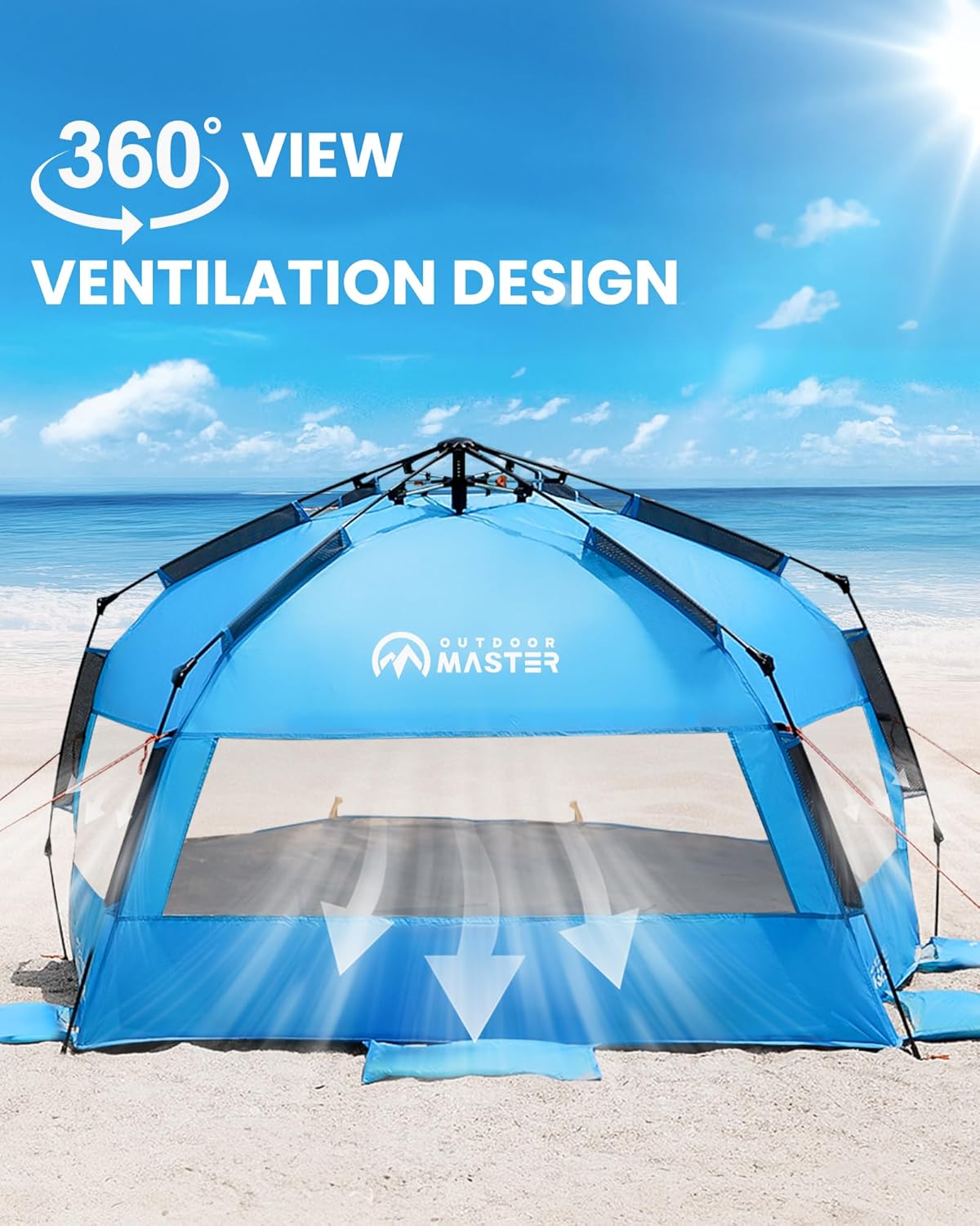 OutdoorMaster Pop Up 3-4 Person Beach Tent X-Large - Easy Setup, Portable Beach Shade Canopy Folding Sun Shelter with UPF 50+ UV Protection Removable Skylight Family Size (Blue) - Image 4