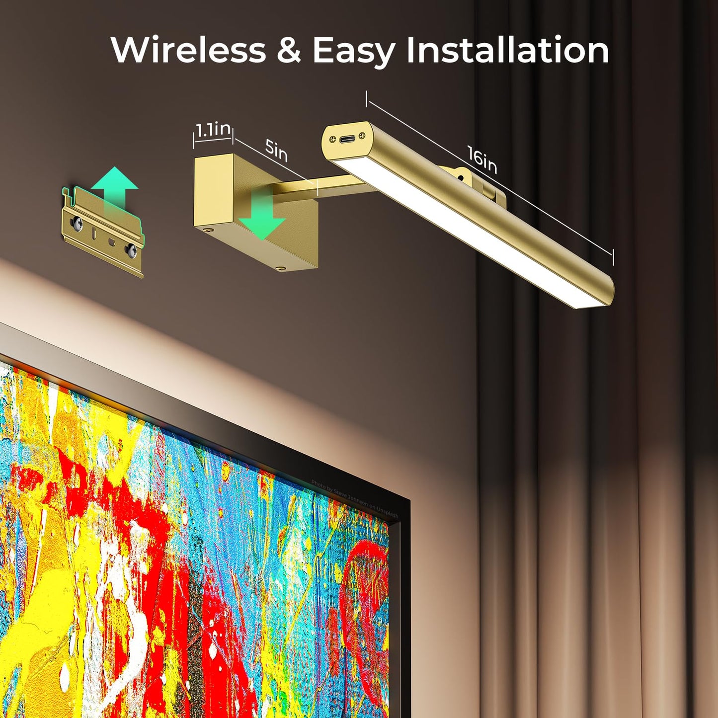 Wireless Picture Lights for Wall, Battery Operated Wall Light for Painting Rechargeable CCT Rotatable Art Gallery Light with Remote Dimmable Timer for Artwork Frame Display Dartboard (Gold, 16inch) - Image 7