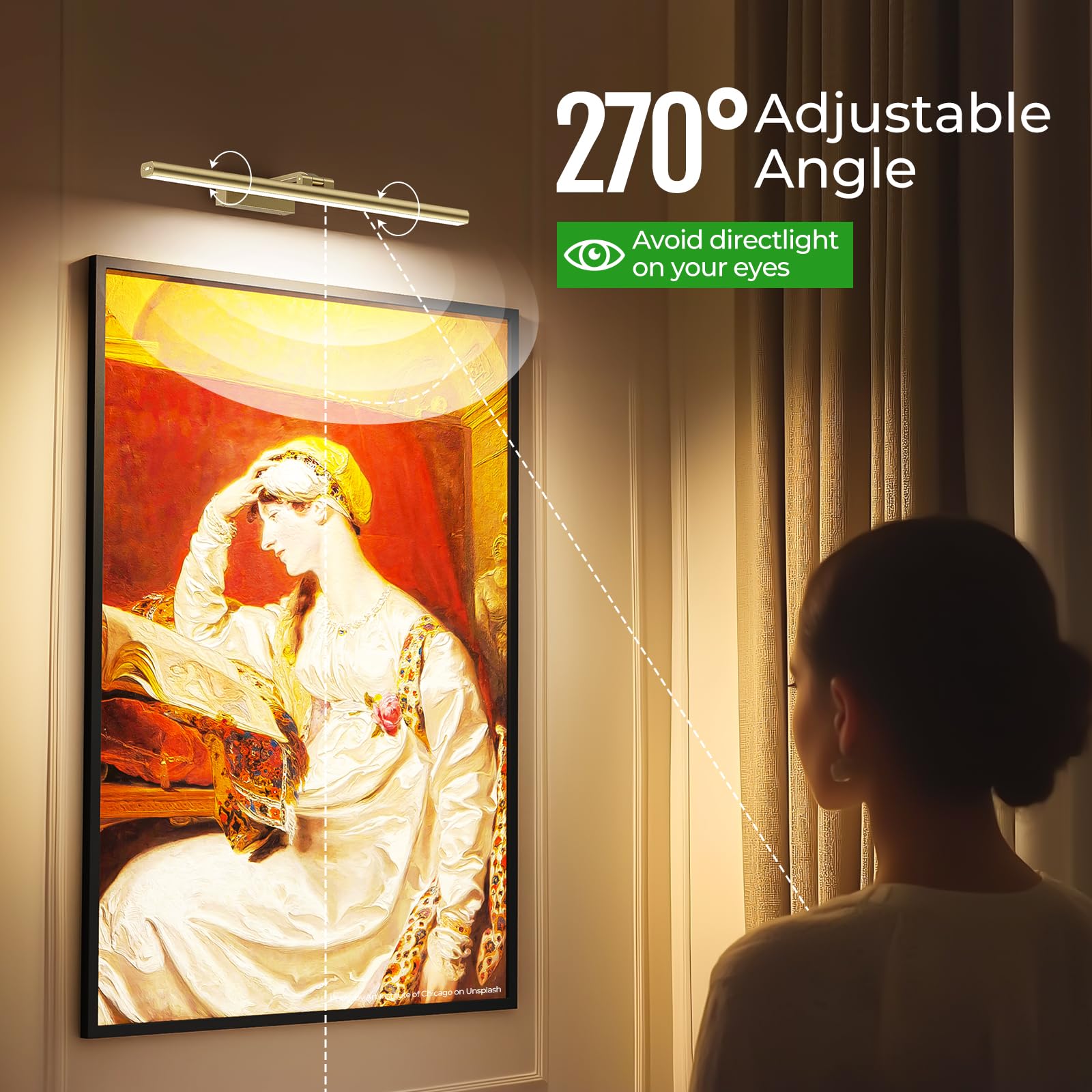 Wireless Picture Lights for Wall, Battery Operated Wall Light for Painting Rechargeable CCT Rotatable Art Gallery Light with Remote Dimmable Timer for Artwork Frame Display Dartboard (Gold, 24inch) - Image 6