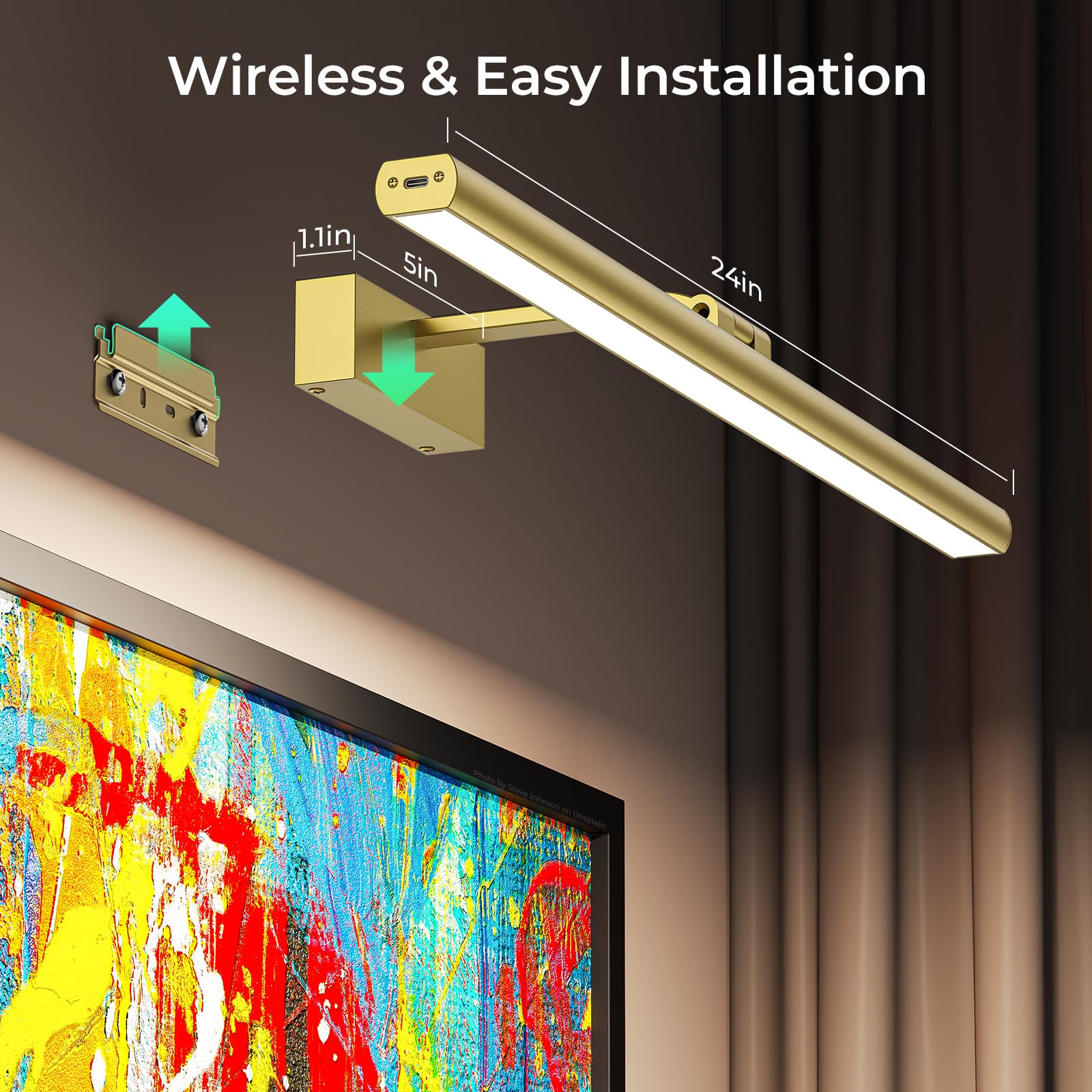 Wireless Picture Lights for Wall, Battery Operated Wall Light for Painting Rechargeable CCT Rotatable Art Gallery Light with Remote Dimmable Timer for Artwork Frame Display Dartboard (Gold, 24inch) - Image 7