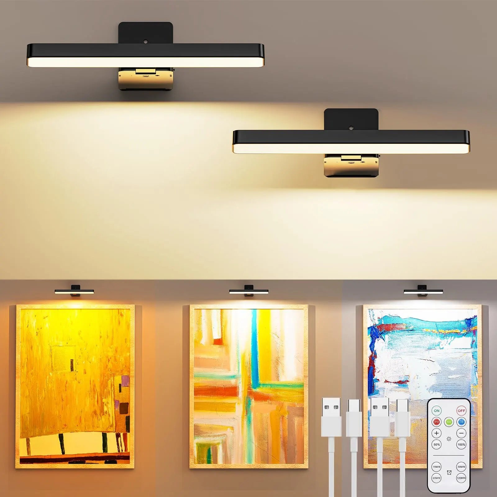 Rechargeable LED Picture Light, Black Cordless Wall Light with Remote Control, 3 Colour Temperatures, 10 Brightness Levels, 180° Adjustable Head, Timer, USB-C Charging 2 Pack Black
