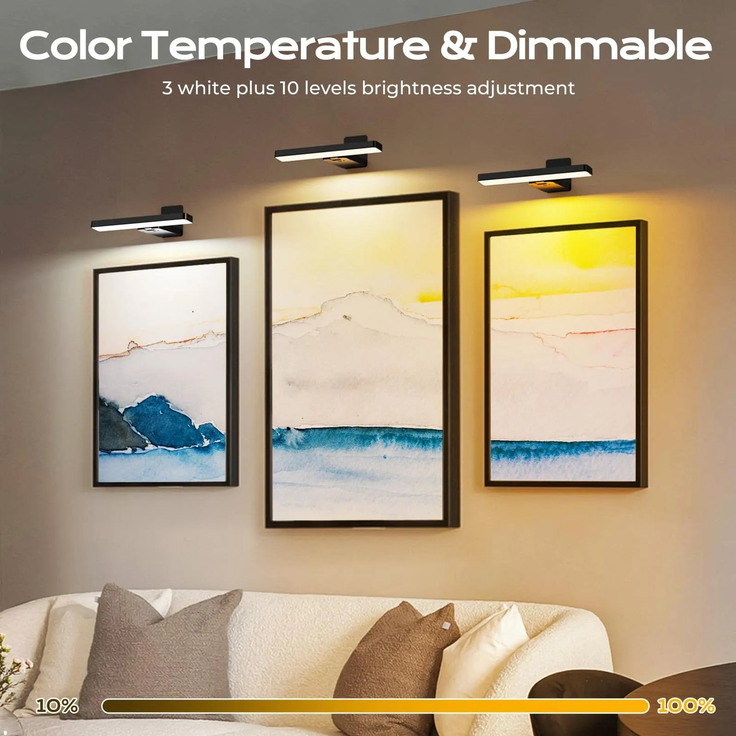 Rechargeable LED Picture Light, Black Cordless Wall Light with Remote Control, 3 Colour Temperatures, 10 Brightness Levels, 180° Adjustable Head, Timer, USB-C Charging 2 Pack Black - Image 3