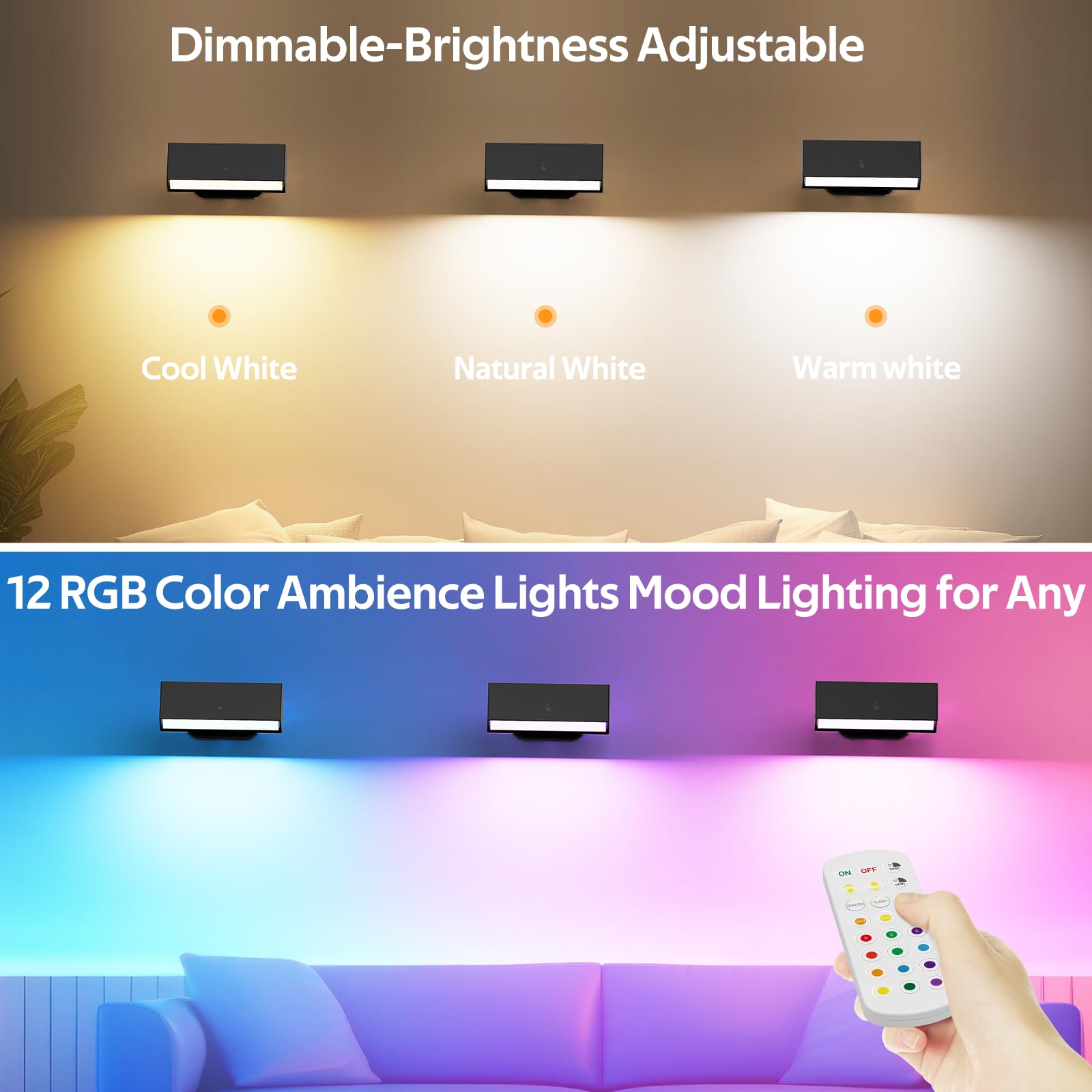 LED Wall Lights 2 Pack with Remote,Wall Sconces Lamp 3000mAh Rechargeable Battery Operated,3 Color Temperatures & 12 RGB Dimmable Magnetic 360° Rotation Cordless Light (Black) - Image 2