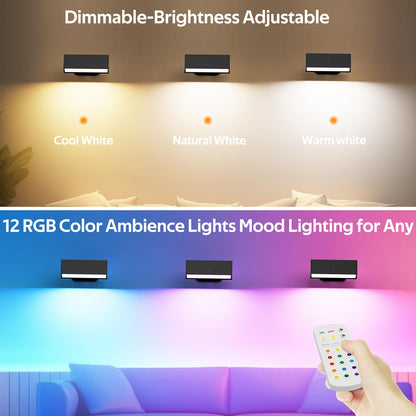 LED Wall Lights 2 Pack with Remote,Wall Sconces Lamp 3000mAh Rechargeable Battery Operated,3 Color Temperatures & 12 RGB Dimmable Magnetic 360° Rotation Cordless Light (Black) - Image 2