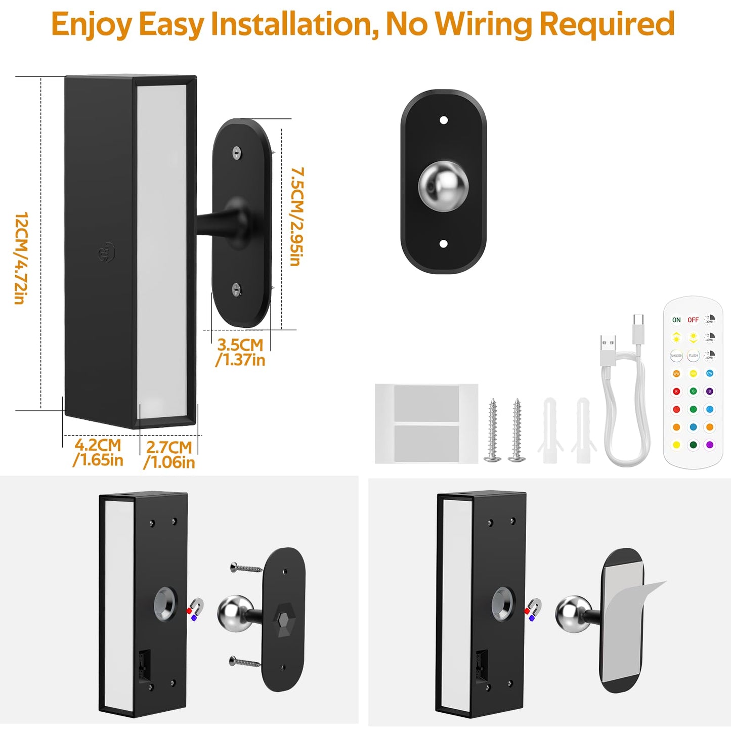 LED Wall Lights 2 Pack with Remote,Wall Sconces Lamp 3000mAh Rechargeable Battery Operated,3 Color Temperatures & 12 RGB Dimmable Magnetic 360° Rotation Cordless Light (Black) - Image 3