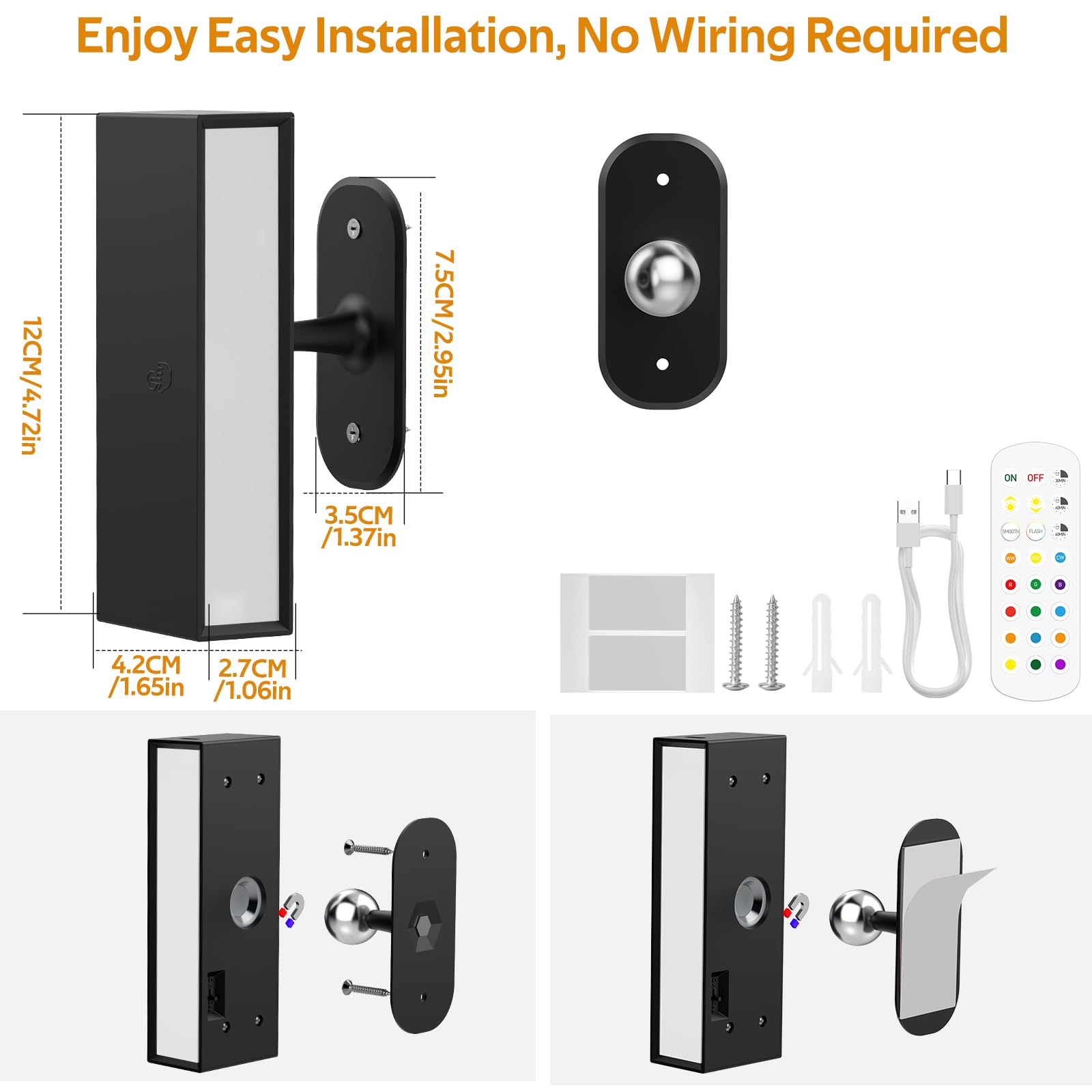 LED Wall Lights 2 Pack with Remote,Wall Sconces Lamp 3000mAh Rechargeable Battery Operated,3 Color Temperatures & 12 RGB Dimmable Magnetic 360° Rotation Cordless Light (Black) - Image 3
