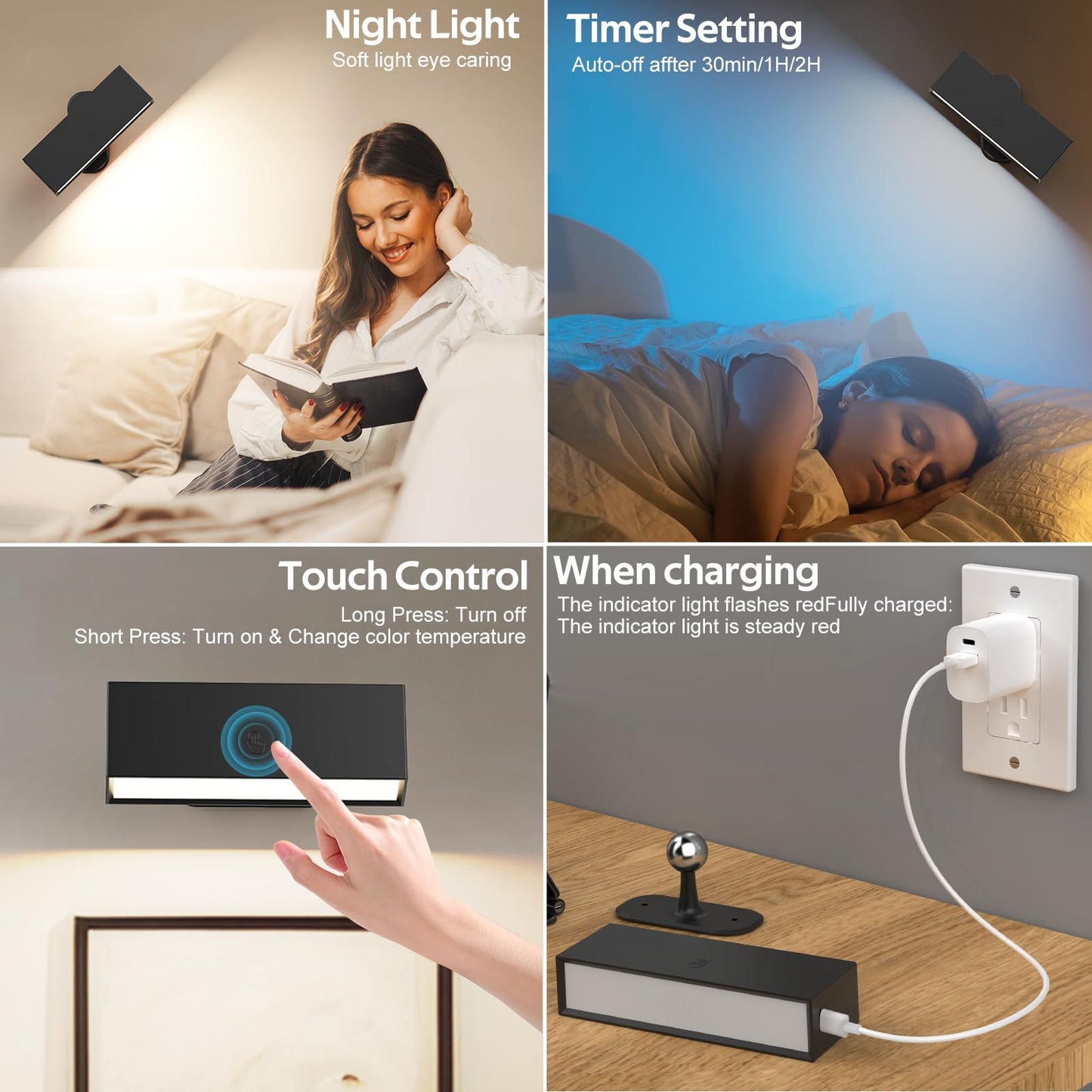 LED Wall Lights 2 Pack with Remote,Wall Sconces Lamp 3000mAh Rechargeable Battery Operated,3 Color Temperatures & 12 RGB Dimmable Magnetic 360° Rotation Cordless Light (Black) - Image 4