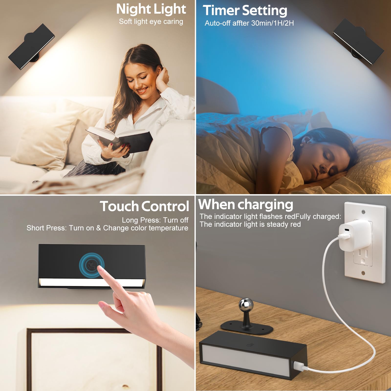 LED Wall Lights 2 Pack with Remote,Wall Sconces Lamp 3000mAh Rechargeable Battery Operated,3 Color Temperatures & 12 RGB Dimmable Magnetic 360° Rotation Cordless Light (Black) - Image 4