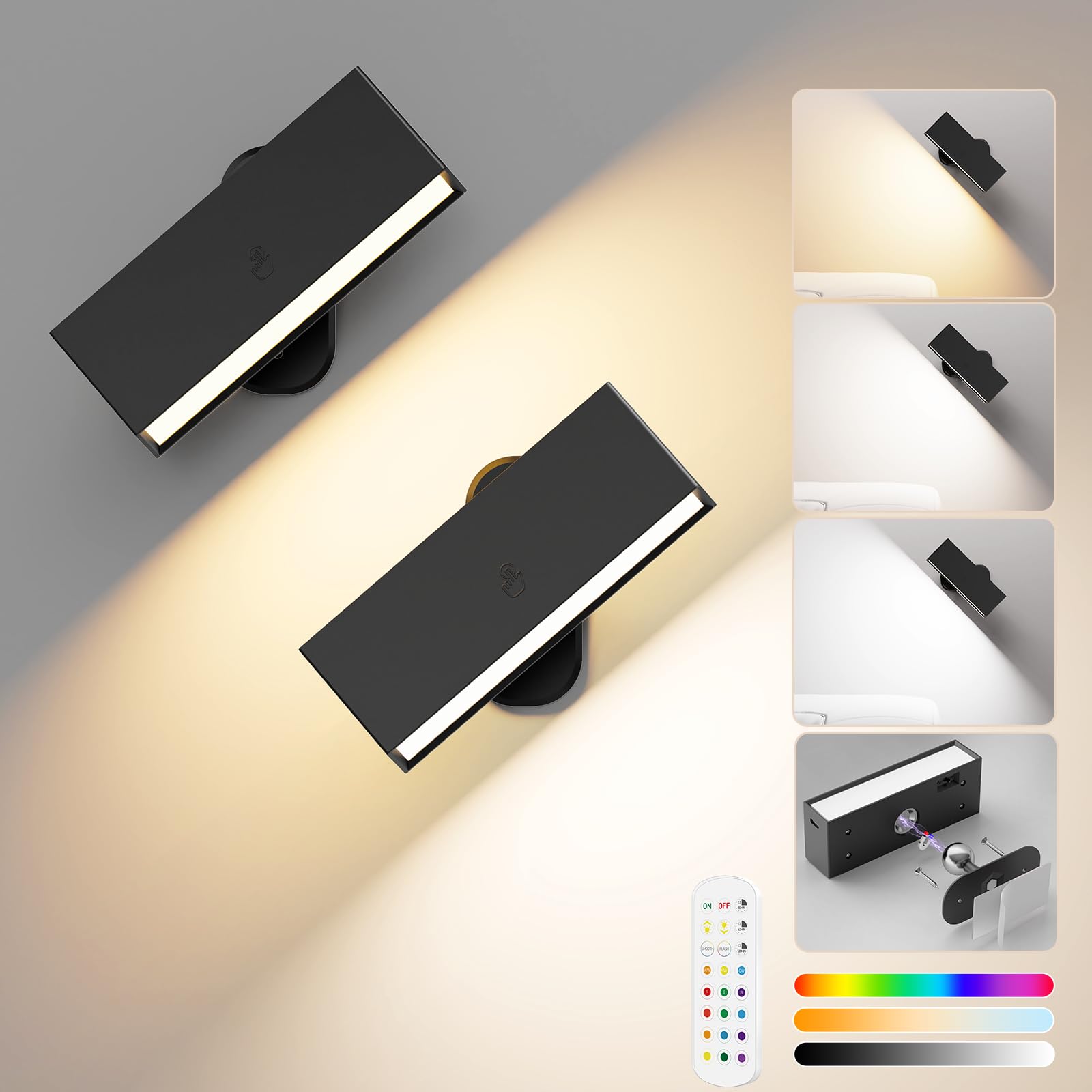 LED Wall Lights 2 Pack with Remote,Wall Sconces Lamp 3000mAh Rechargeable Battery Operated,3 Color Temperatures & 12 RGB Dimmable Magnetic 360° Rotation Cordless Light (Black) - Image 8