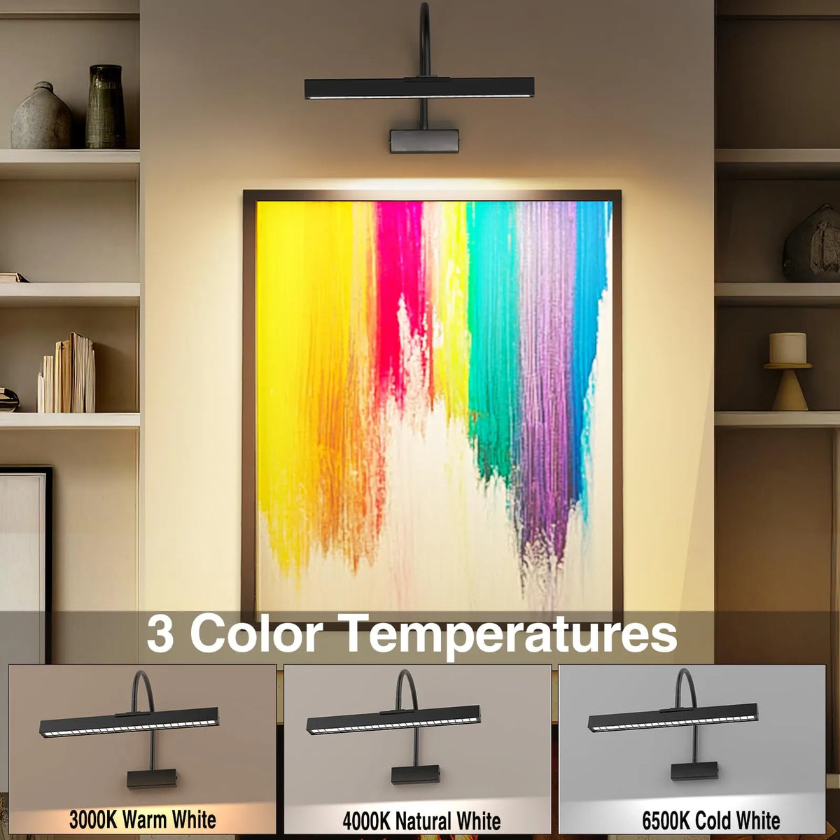 Picture Frame Light with Remote, Wireless 16 Inch Black Art Light, Battery Operated Picture Light with 3 CCT, Dimmable and Timer Wall Picture Lights for Painting, Wall, Gallery, Artwork, Frame - Image 3