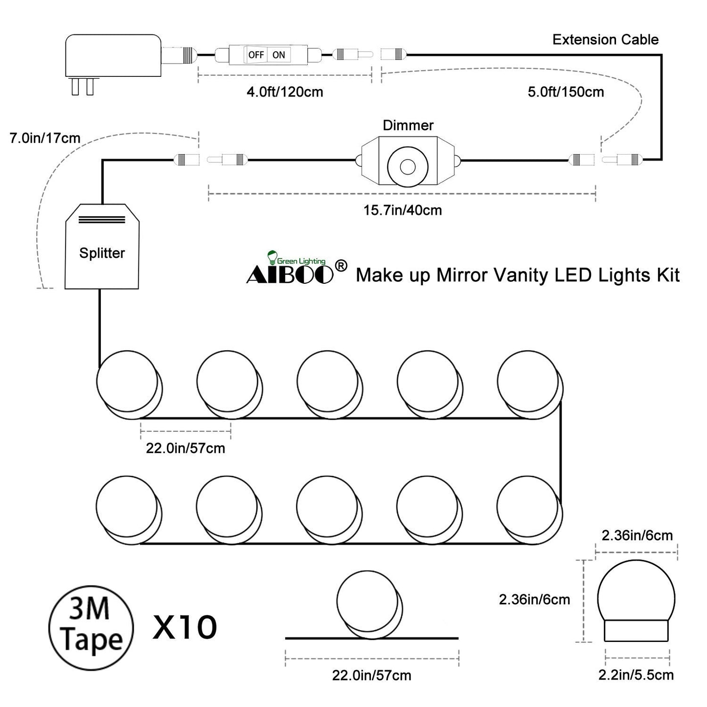 Hollywood Super Star Style Makeup Mirror Vanity LED Light Bulbs Kit for Dressing Table Dimmable & Plug in, Linkable and Flexible Strip, Mirror Not Included - Image 5