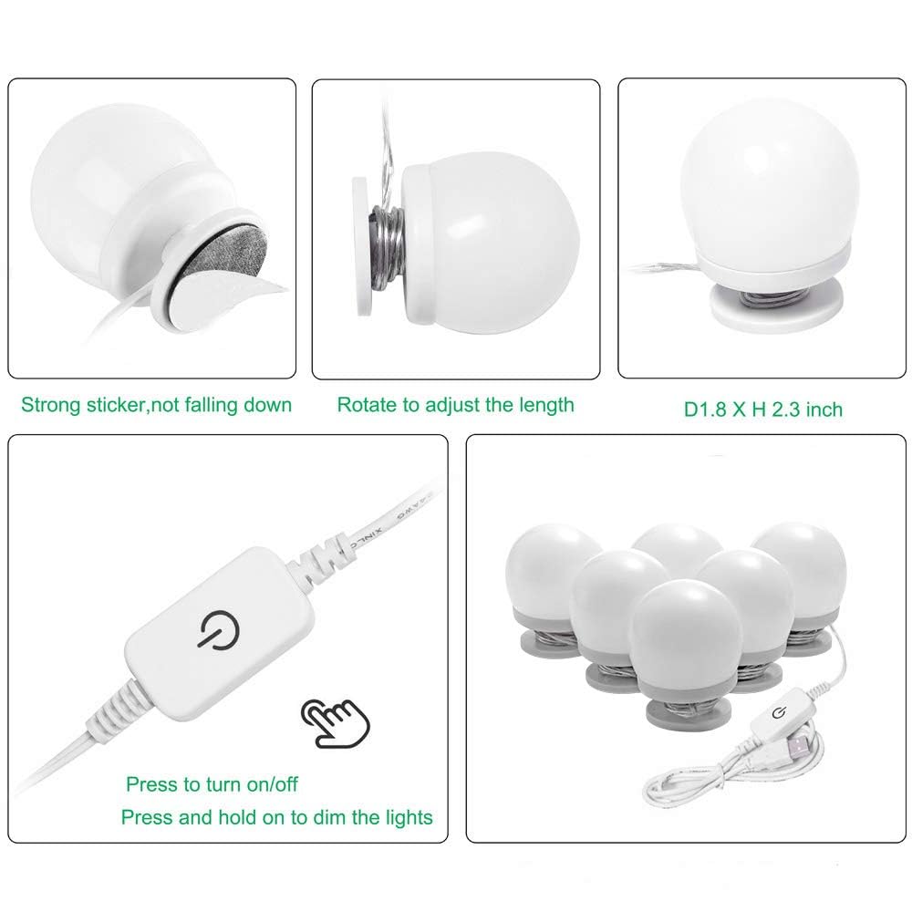 Dimmable Hollywood Style Lighted Vanity Makeup Mirror, LED Vanity Mirror Lights Kit with USB Port for Dressing Table, Mirror Not Included (4000K Natural White 6 Bulbs 5V USB) - Image 2