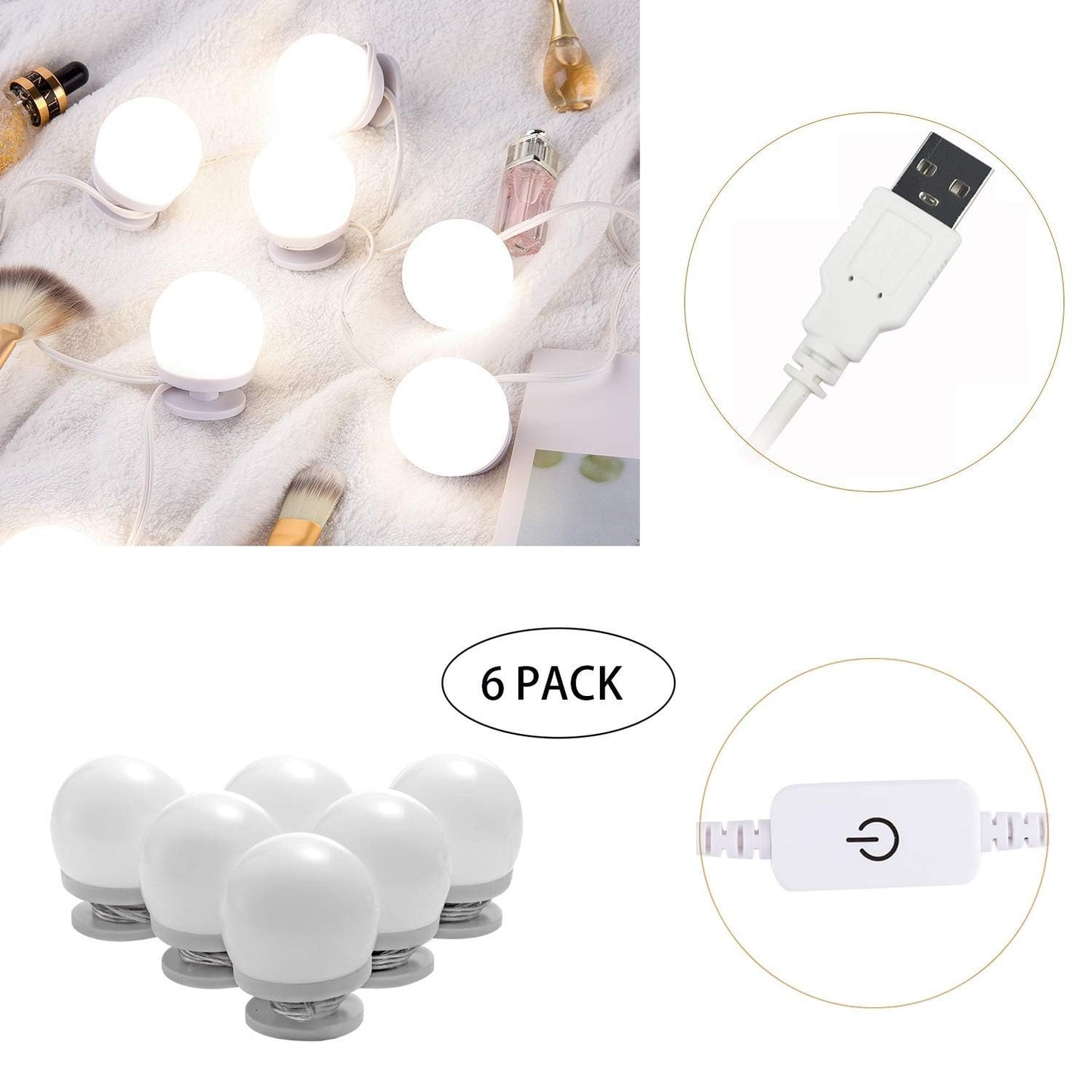 Dimmable Hollywood Style Lighted Vanity Makeup Mirror, LED Vanity Mirror Lights Kit with USB Port for Dressing Table, Mirror Not Included (4000K Natural White 6 Bulbs 5V USB) - Image 3