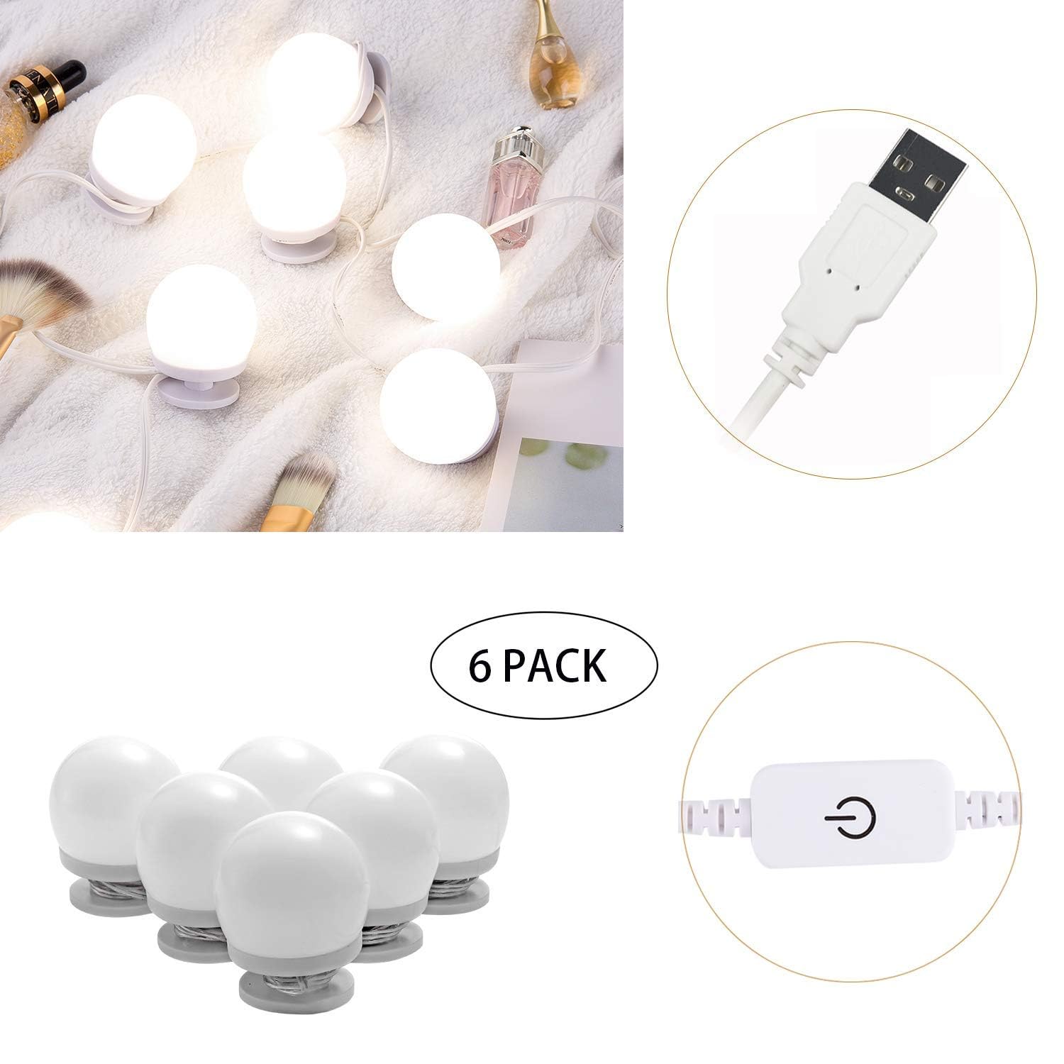 Dimmable Hollywood Style Lighted Vanity Makeup Mirror, LED Vanity Mirror Lights Kit with USB Port for Dressing Table, Mirror Not Included (4000K Natural White 6 Bulbs 5V USB) - Image 3