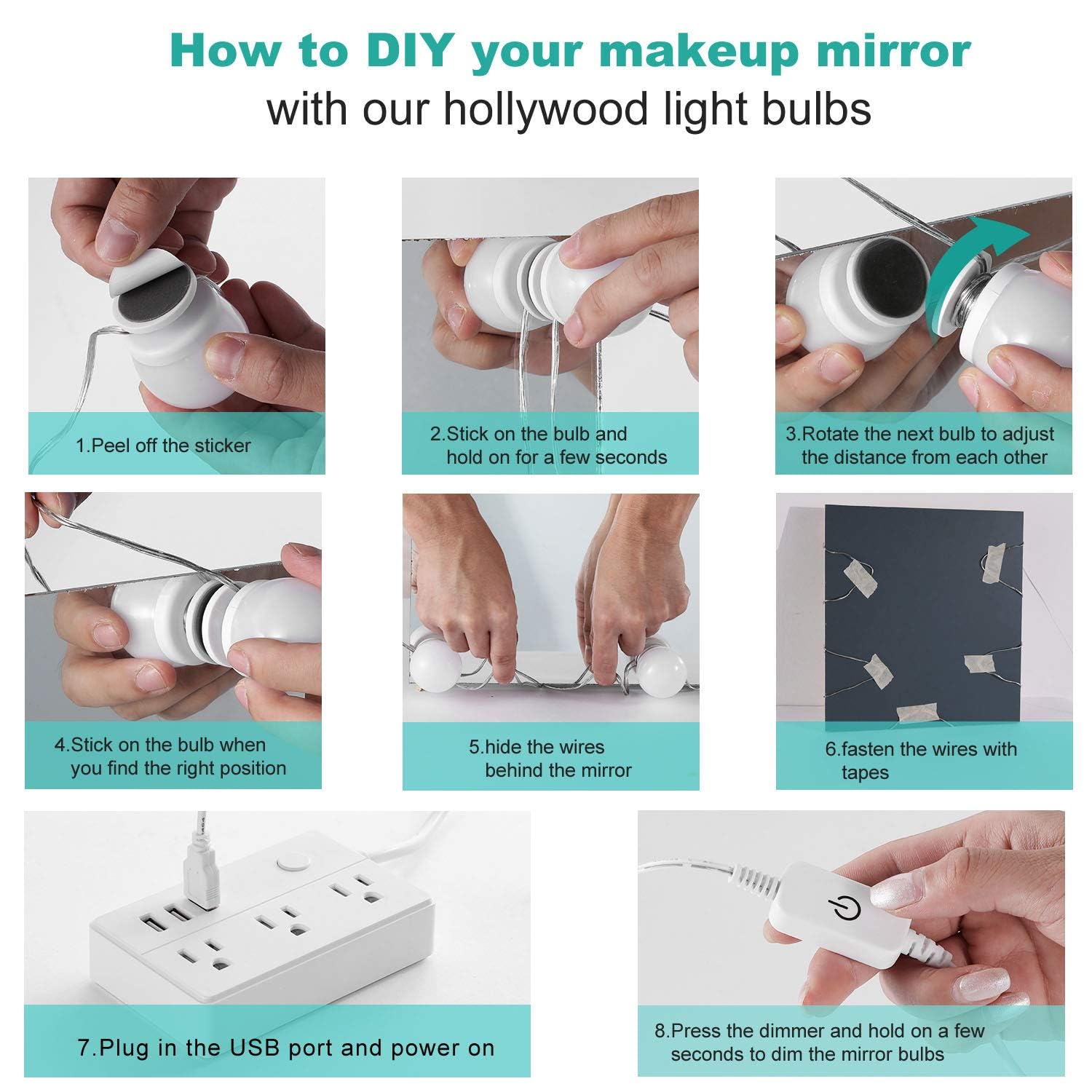 Dimmable Hollywood Style Lighted Vanity Makeup Mirror, LED Vanity Mirror Lights Kit with USB Port for Dressing Table, Mirror Not Included (4000K Natural White 6 Bulbs 5V USB) - Image 4
