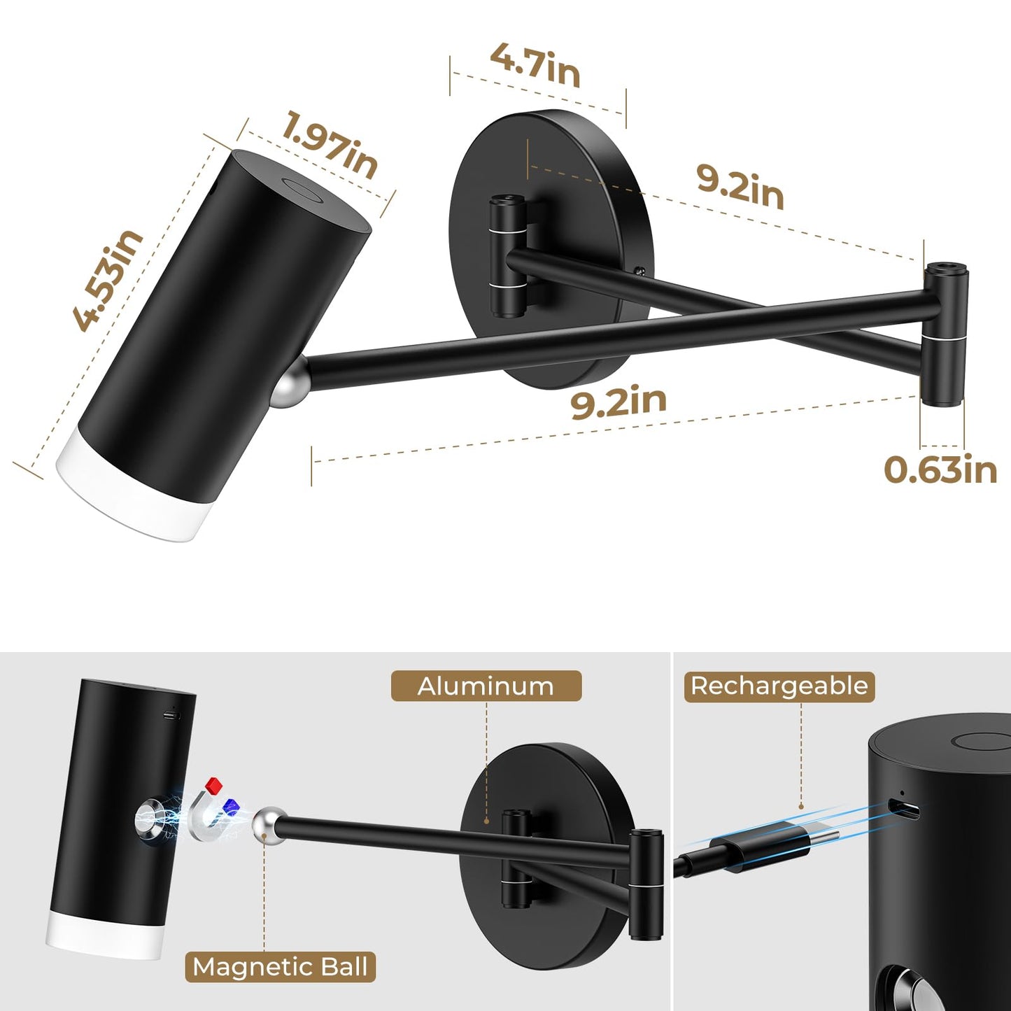 Battery Operated Wall Sconces Set of 2, Swing Arm Wall Lamp with Remote Control, Not Hardwired Led Wall Lamp Fixtures Dimmable Wall Light Decor for Bedroom Reading Living Room - Image 8