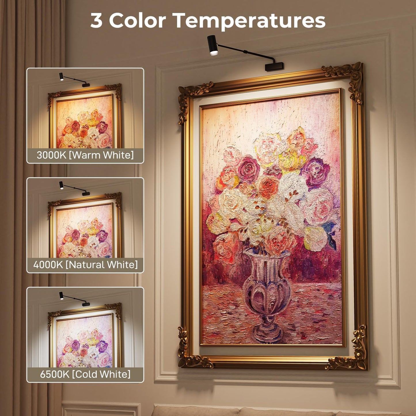 Rechargeable Picture Light with Remote Control, Adjustable Wall Sconce, 4000mAh Battery, Dimmable LED Art Light for Gallery, Bedroom & Bathroom - Image 3