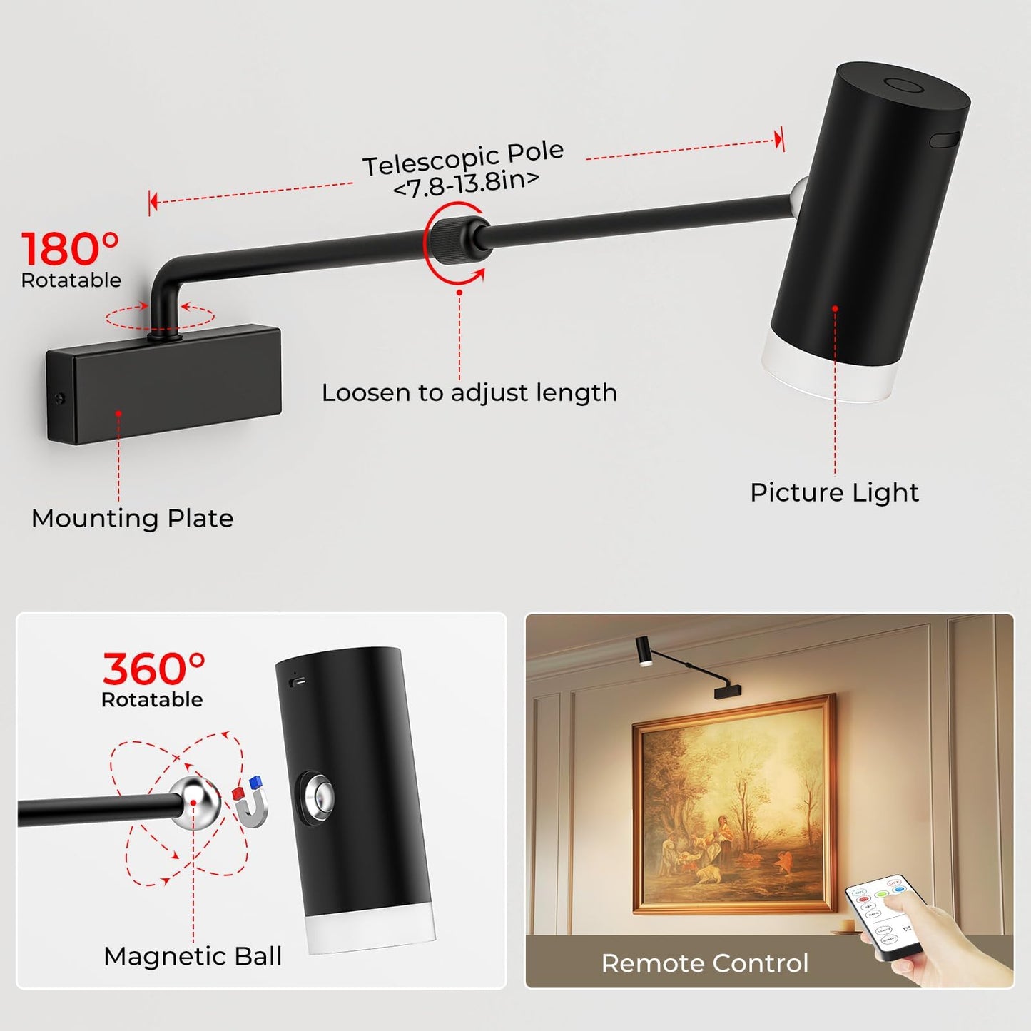 Rechargeable Picture Light with Remote Control, Adjustable Wall Sconce, 4000mAh Battery, Dimmable LED Art Light for Gallery, Bedroom & Bathroom - Image 5