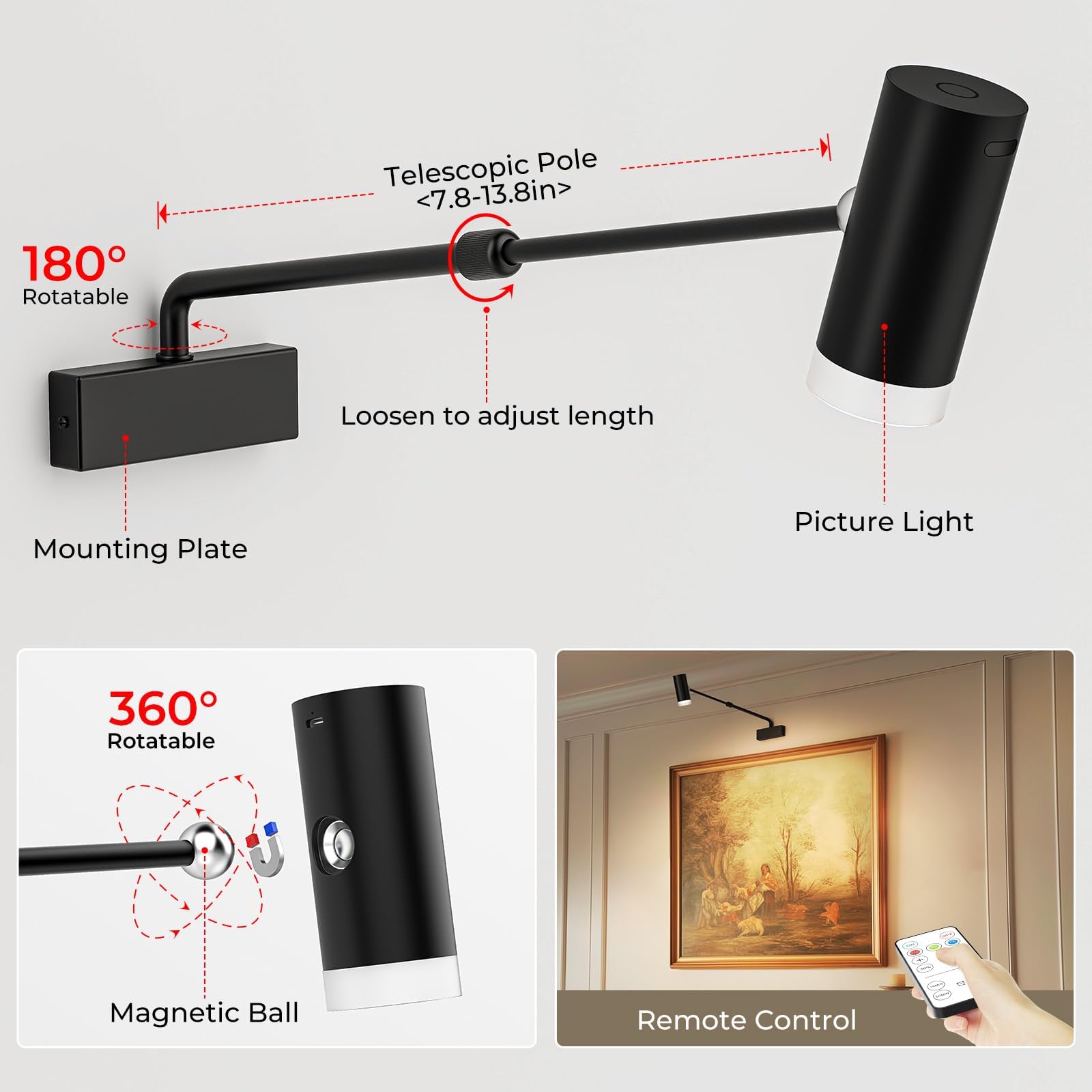 Rechargeable Picture Light with Remote Control, Adjustable Wall Sconce, 4000mAh Battery, Dimmable LED Art Light for Gallery, Bedroom & Bathroom - Image 5