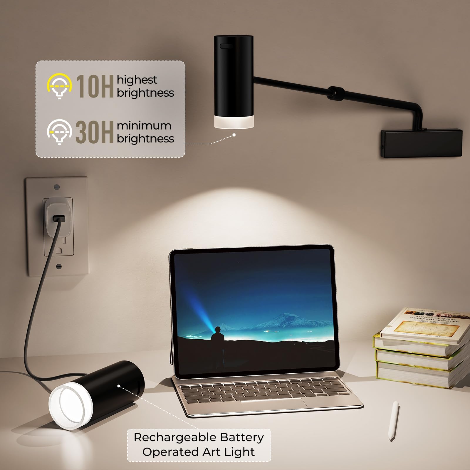 Rechargeable Picture Light with Remote Control, Adjustable Wall Sconce, 4000mAh Battery, Dimmable LED Art Light for Gallery, Bedroom & Bathroom - Image 6