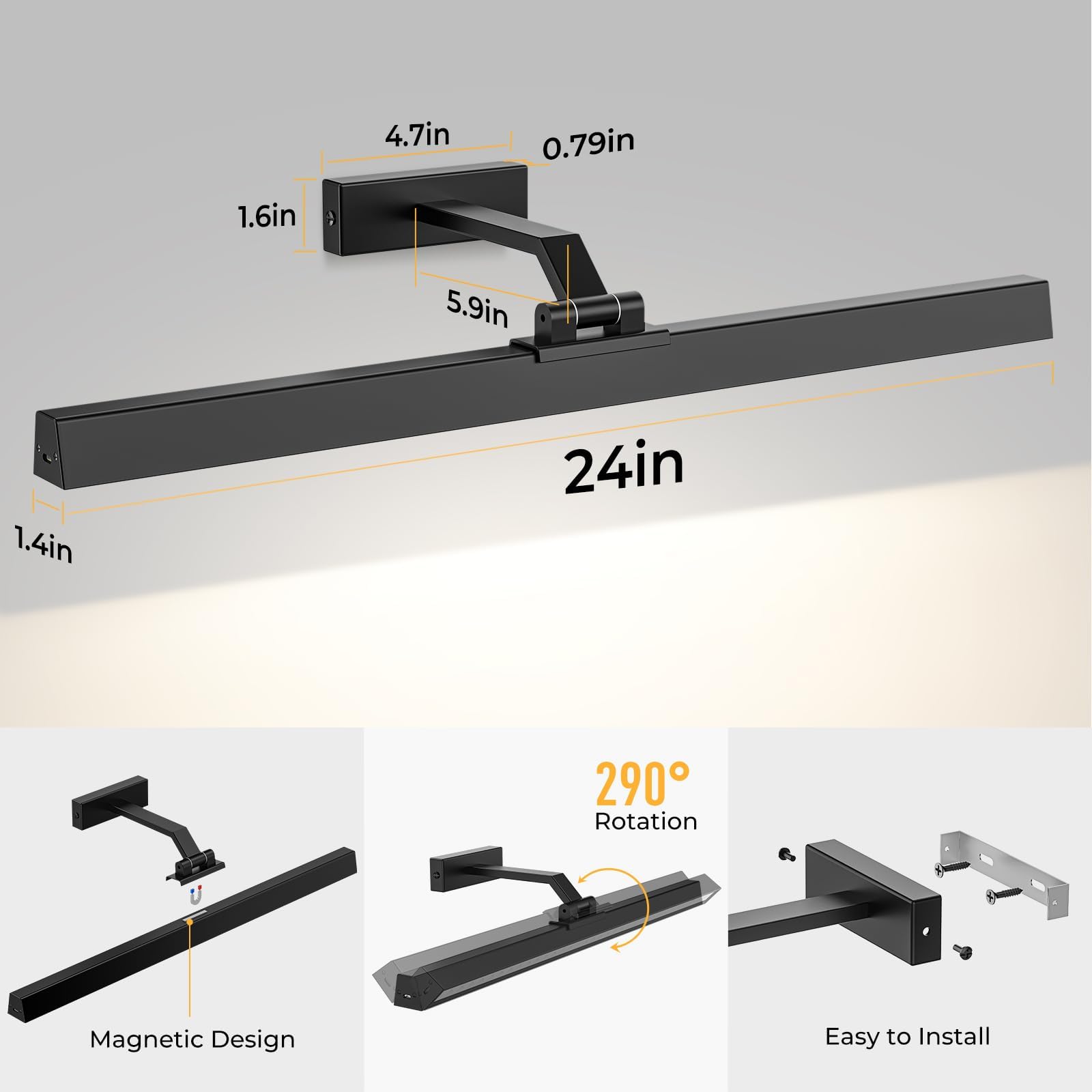 Wall Picture Light, 24in Battery-Powered Gallery Light for Artwork, CCT Dimmable Rechargeable Battery Wall Lamp with Remote Control for Living Room, Gallery, and Dartboard (Black) - Image 8