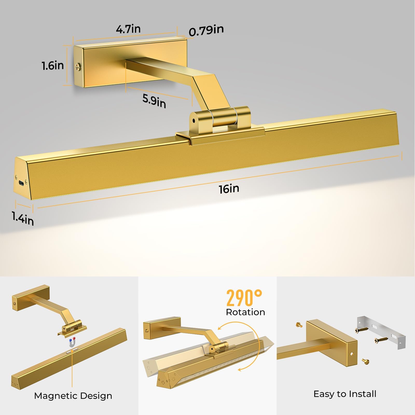 Picture Lights for Wall, Battery Operated Picture Light 16in Gallery Light for Paintings CCT Dimmable Gold - Image 8