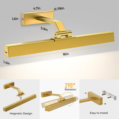Picture Lights for Wall, Battery Operated Picture Light 16in Gallery Light for Paintings CCT Dimmable Gold - Image 8