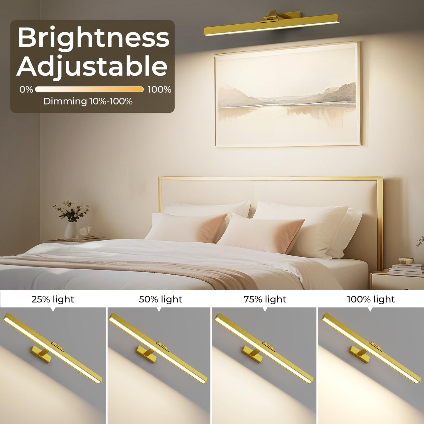 Wall Picture Light, 24in Battery-Powered Gallery Light for Artwork, CCT Dimmable Rechargeable Battery Wall Lamp with Remote Control for Living Room, Gallery, and Dartboard (Gold) - Image 3
