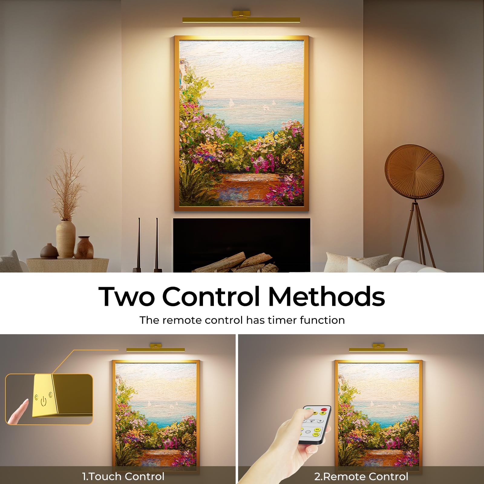 Wall Picture Light, 24in Battery-Powered Gallery Light for Artwork, CCT Dimmable Rechargeable Battery Wall Lamp with Remote Control for Living Room, Gallery, and Dartboard (Gold) - Image 4