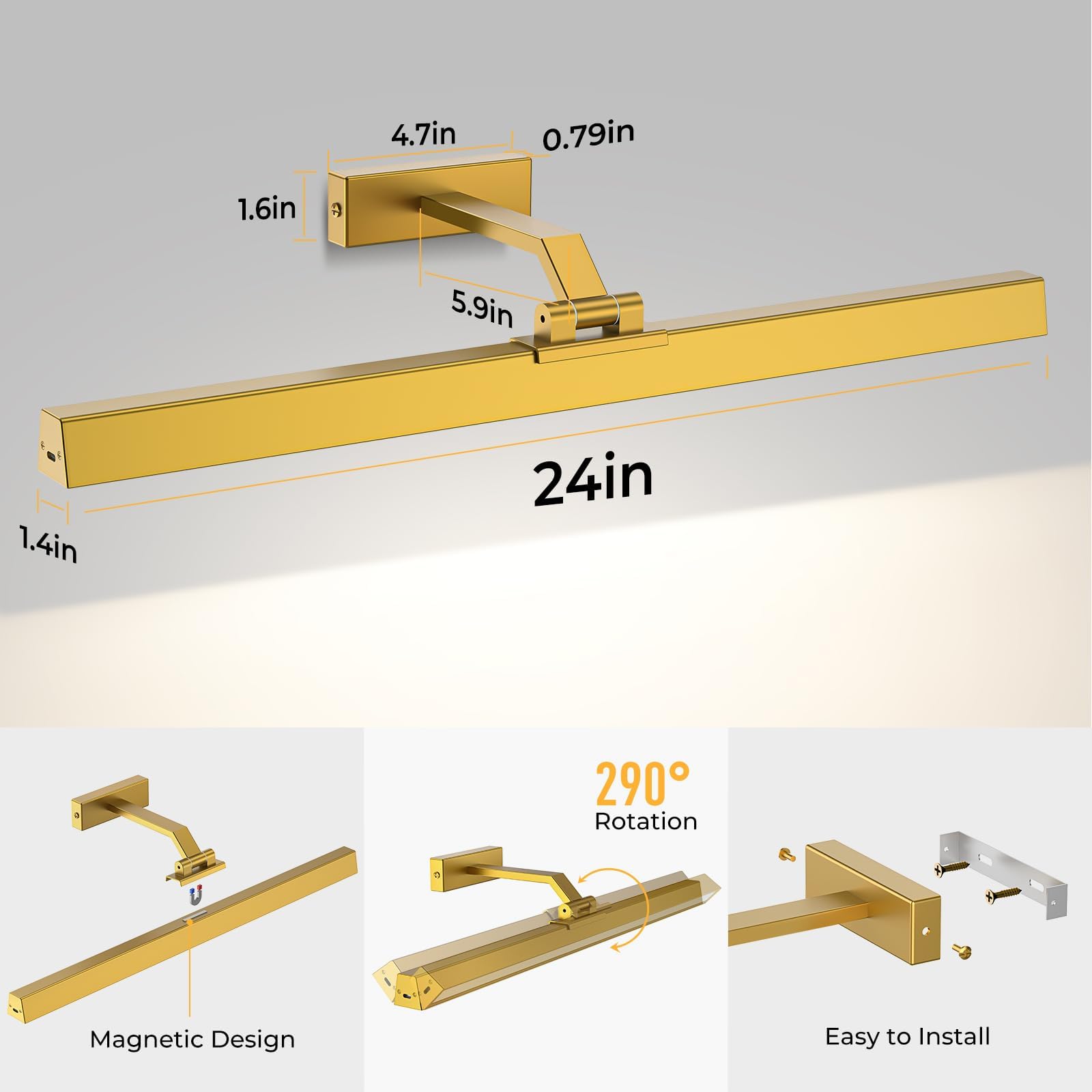 Wall Picture Light, 24in Battery-Powered Gallery Light for Artwork, CCT Dimmable Rechargeable Battery Wall Lamp with Remote Control for Living Room, Gallery, and Dartboard (Gold) - Image 8