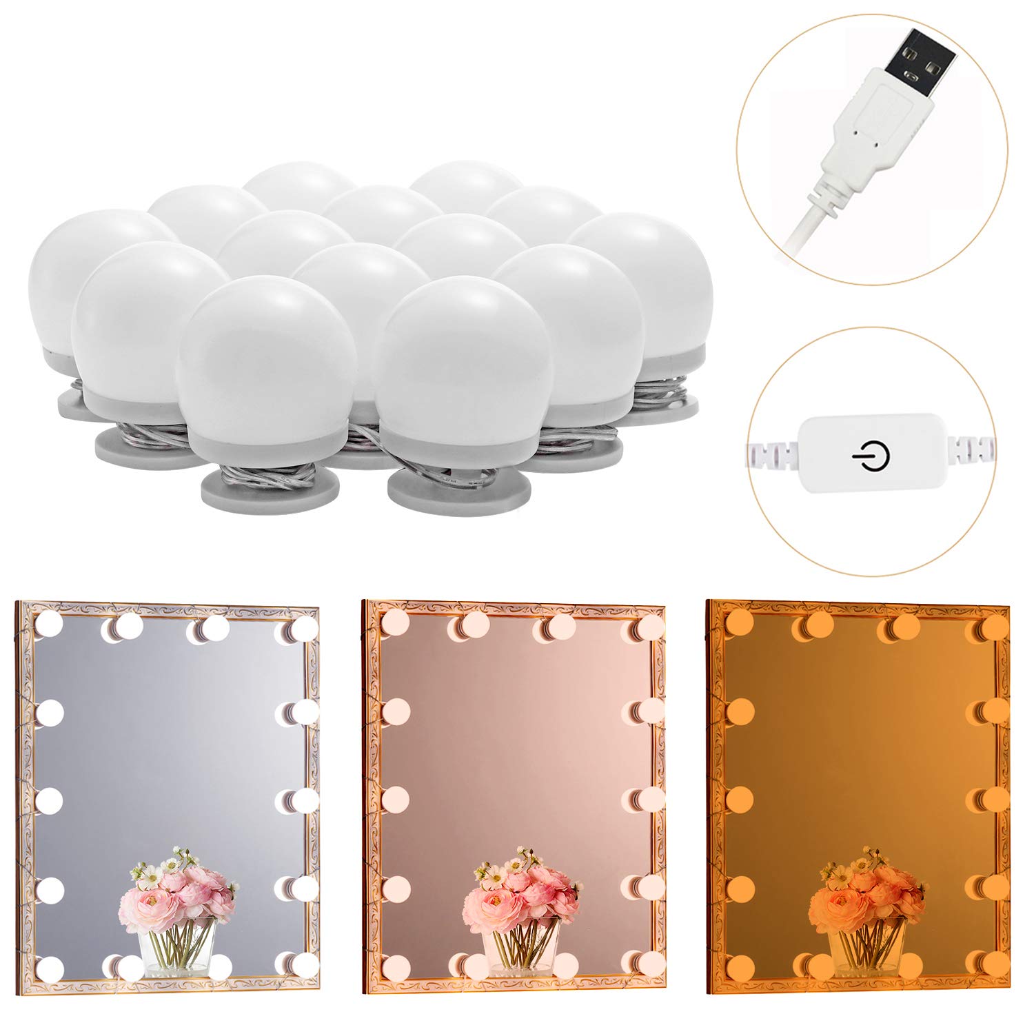 LED Makeup Vanity Lights with 14 Dimmable Light Bulbs, Hollywood Style Cosmetic Mirror Lights, USB Cable, 3 Color Modes for Dressing Room Tabletop Bedroom - Image 3