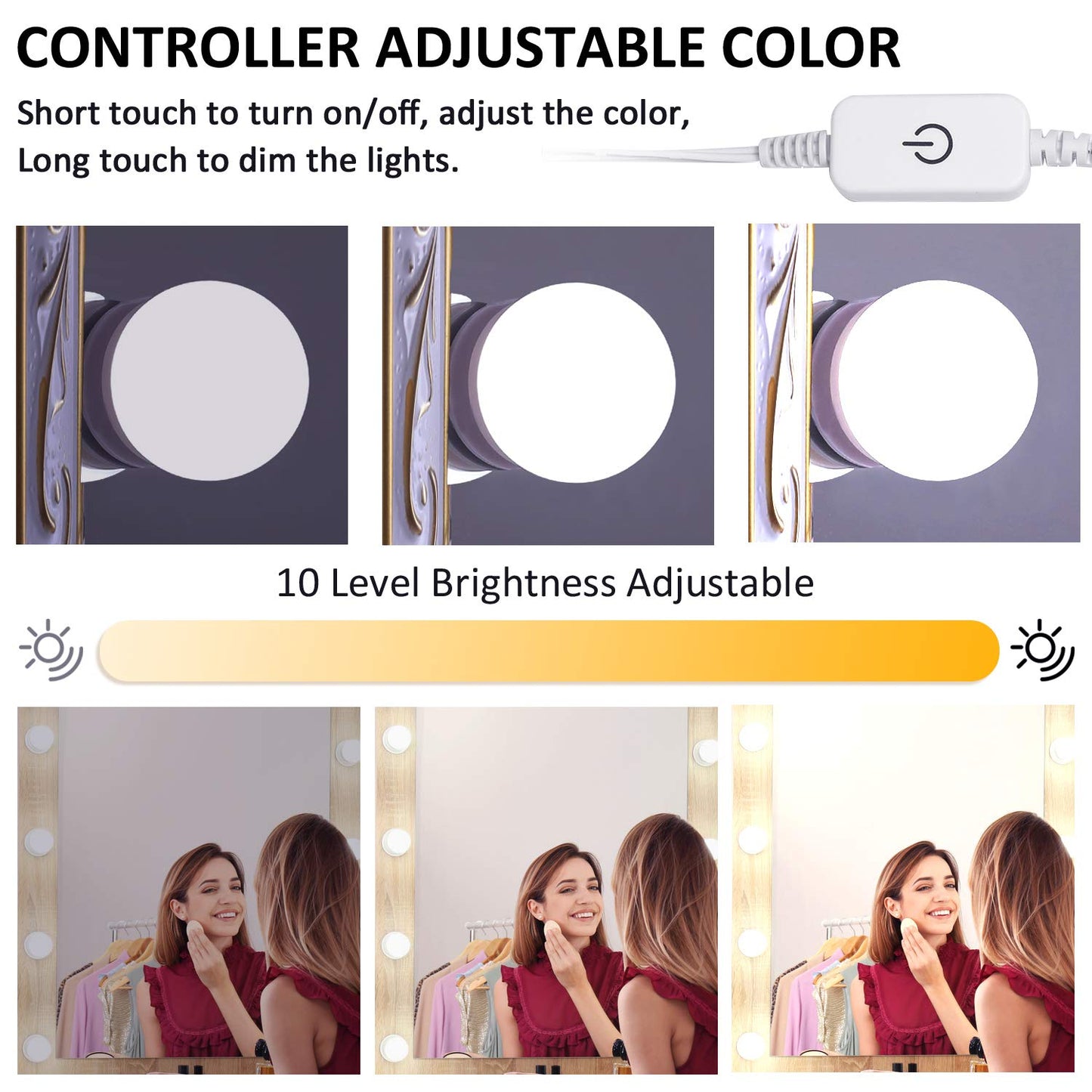 LED Makeup Vanity Lights with 14 Dimmable Light Bulbs, Hollywood Style Cosmetic Mirror Lights, USB Cable, 3 Color Modes for Dressing Room Tabletop Bedroom - Image 5