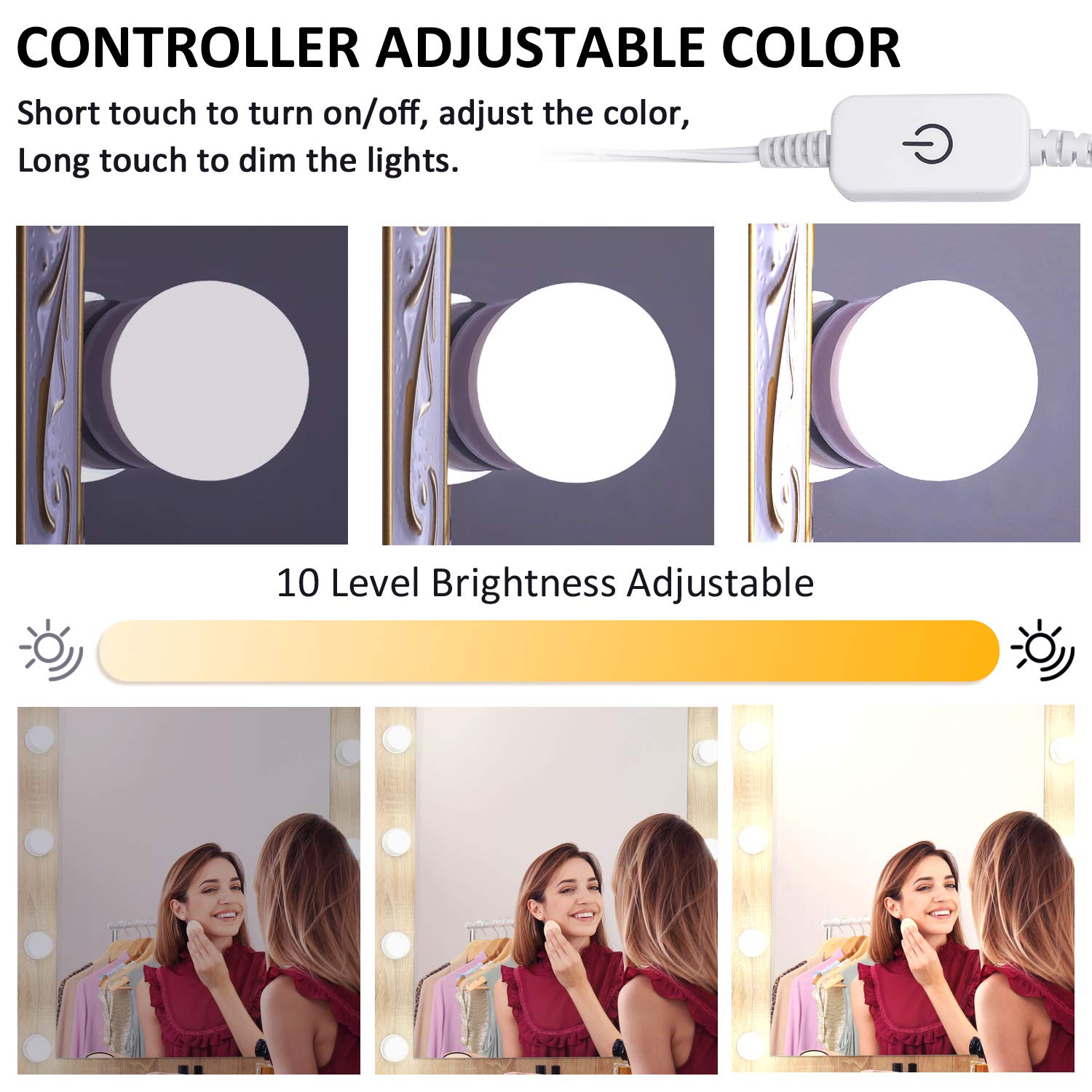LED Makeup Vanity Lights with 14 Dimmable Light Bulbs, Hollywood Style Cosmetic Mirror Lights, USB Cable, 3 Color Modes for Dressing Room Tabletop Bedroom - Image 5