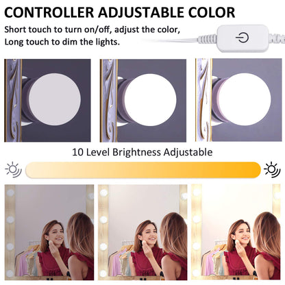 LED Makeup Vanity Lights with 14 Dimmable Light Bulbs, Hollywood Style Cosmetic Mirror Lights, USB Cable, 3 Color Modes for Dressing Room Tabletop Bedroom - Image 5