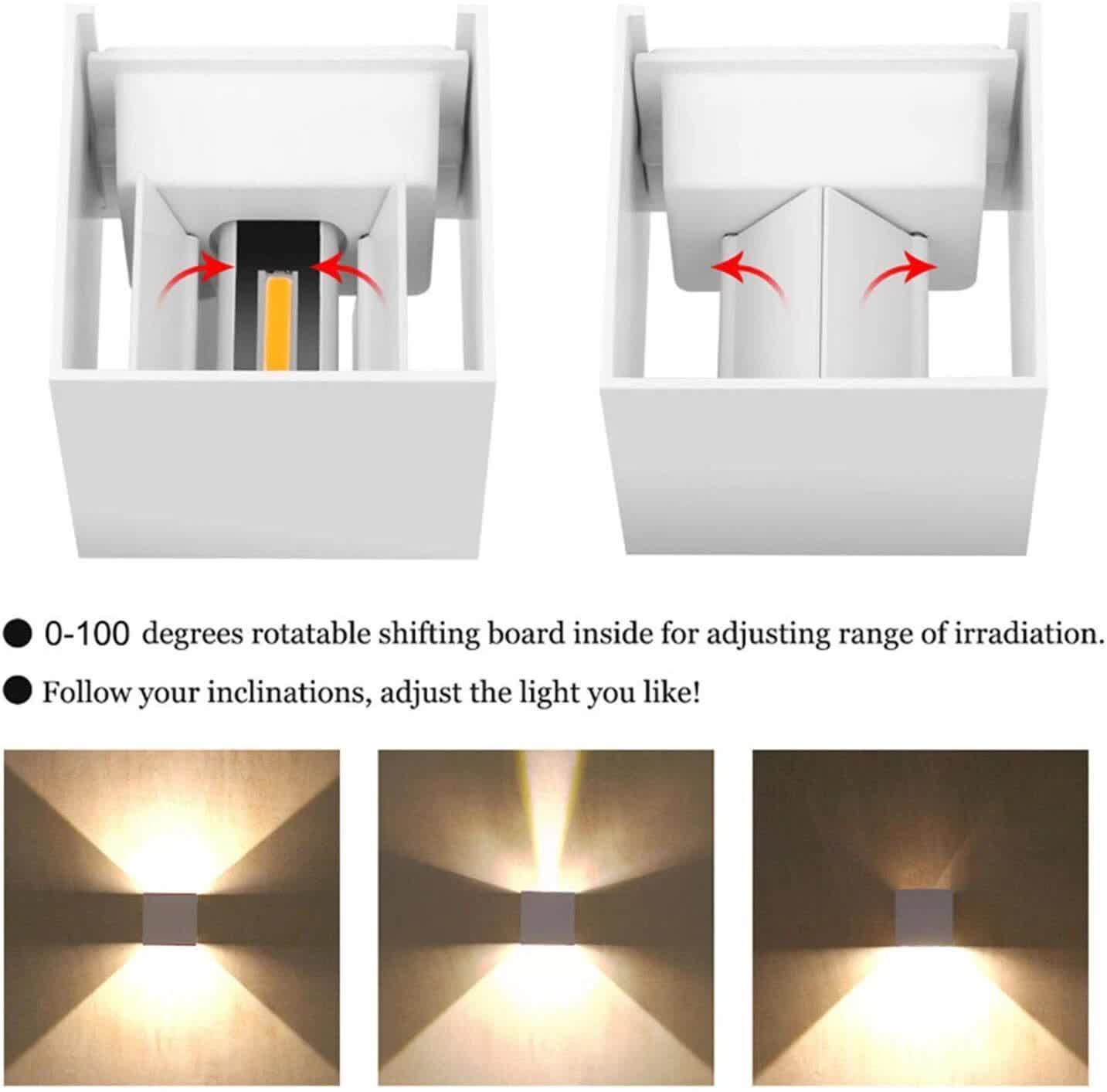 LED Wall Light 12W, Square Shaped LED Wall Lamp with Adjustable Angle Design, Modern Aluminum Wall Sconce Lighting IP65 Waterproof for Indoor Outdoor Lighting Warm White 2700K     - Image 5