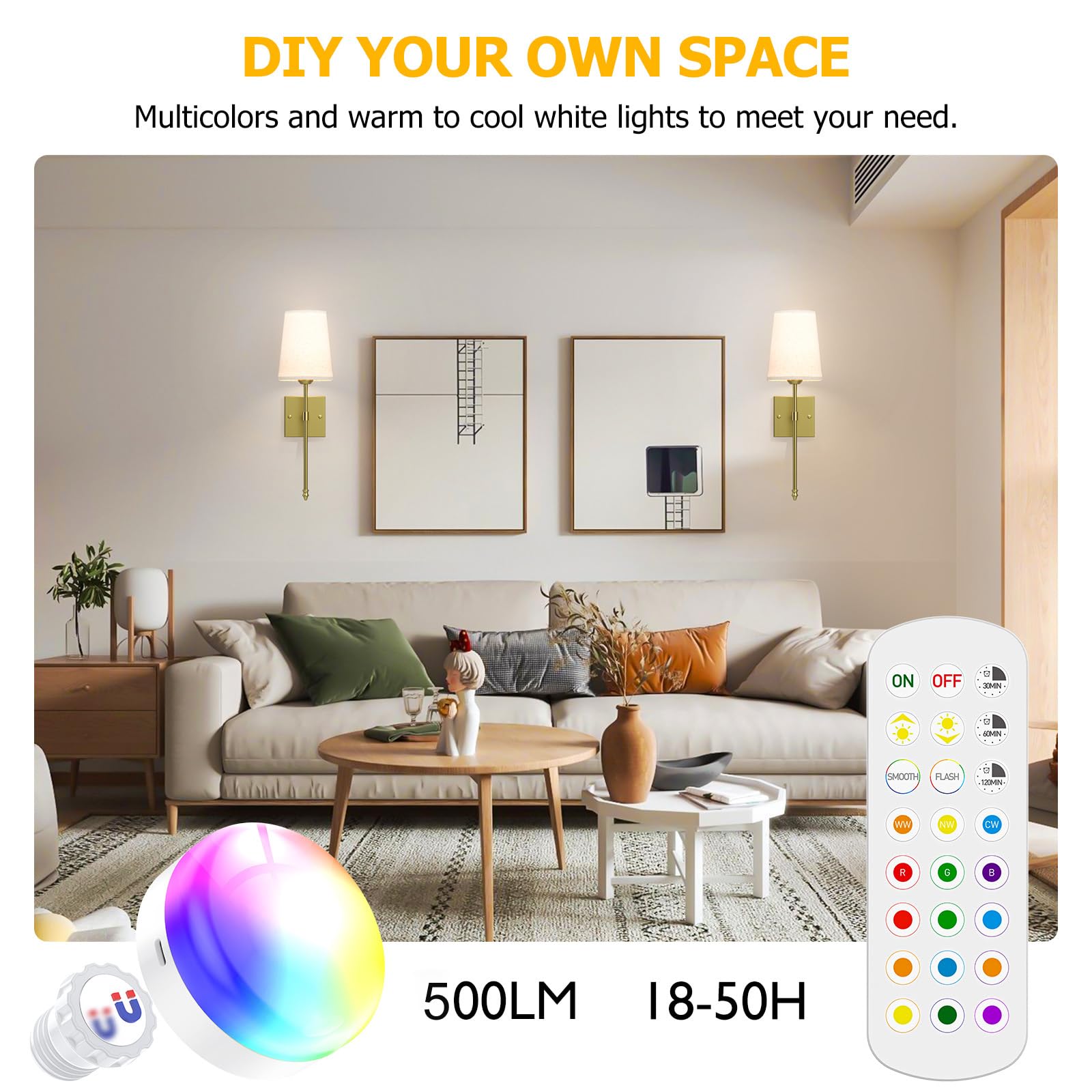 Battery Operated Wall Sconce, 5000mAh Rechargeable Dimmable RGB Wall Sconce Set of 2 with Remote, 3 Color Temperature Indoor Battery Powered Wall Lamp Light for Bedroom Living Room - Image 3
