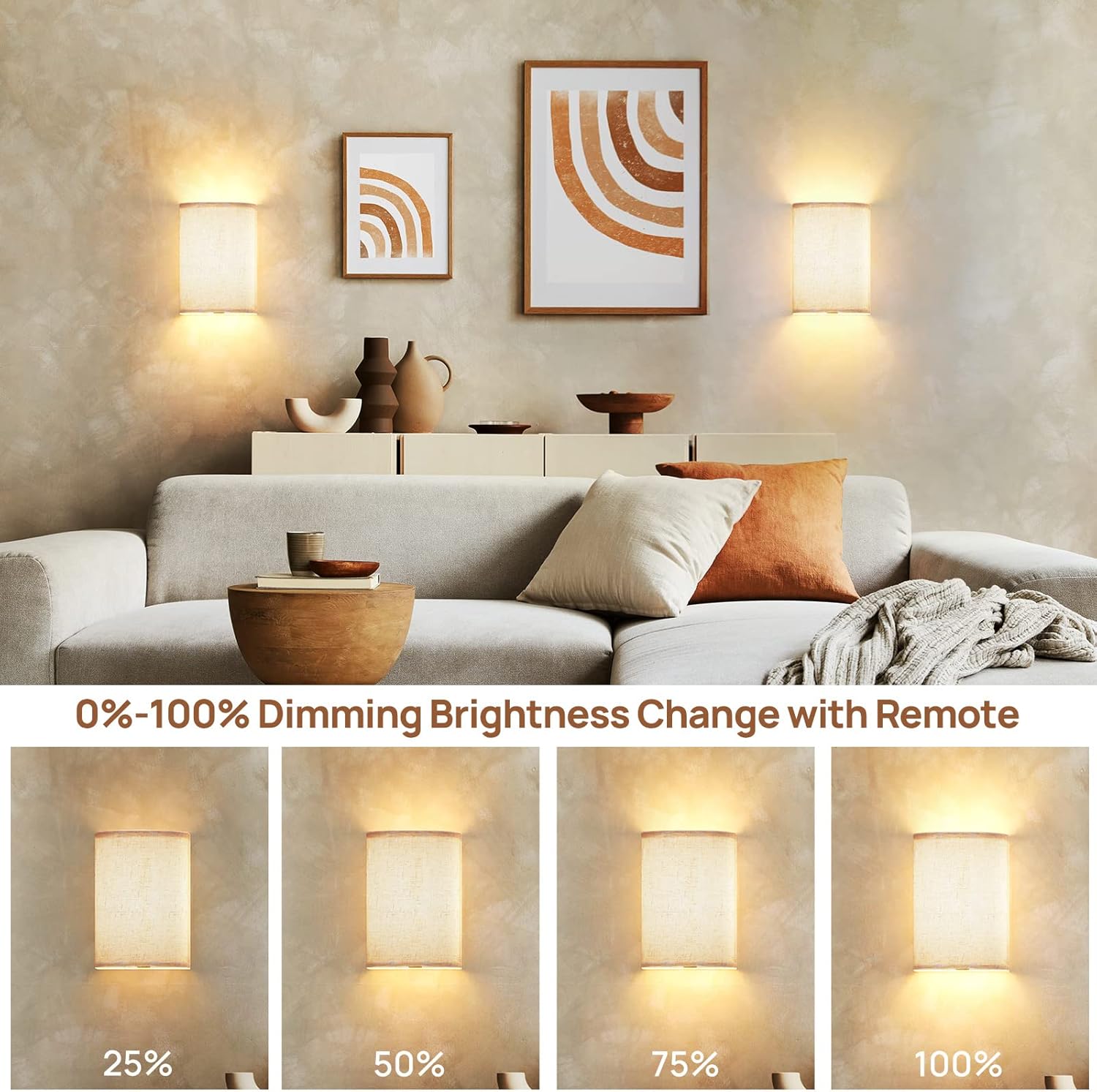 Battery Operated Wall Lights, 2 Pack Boho Decor with Remote Control, RGB Color Rustic Wall Sconces, Fabric Linen Shade Lighting - Image 3