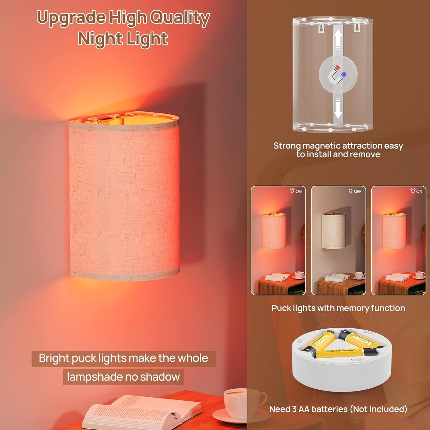 Battery Operated Wall Lights, 2 Pack Boho Decor with Remote Control, RGB Color Rustic Wall Sconces, Fabric Linen Shade Lighting - Image 6